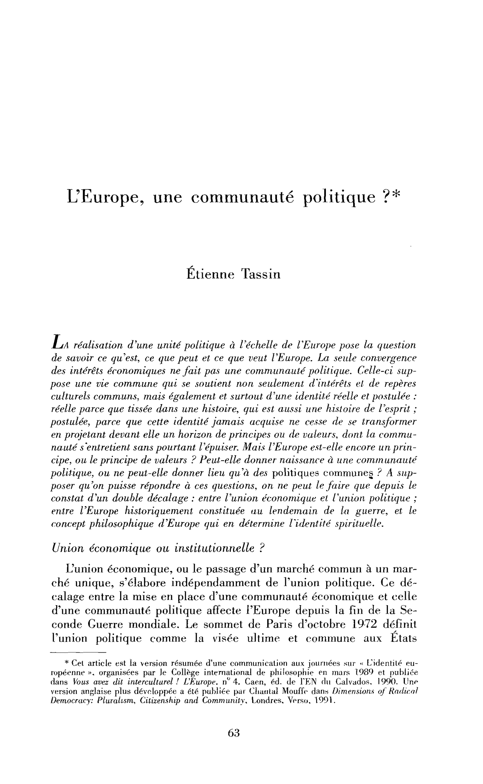 L’Europe, une communauté politique ?