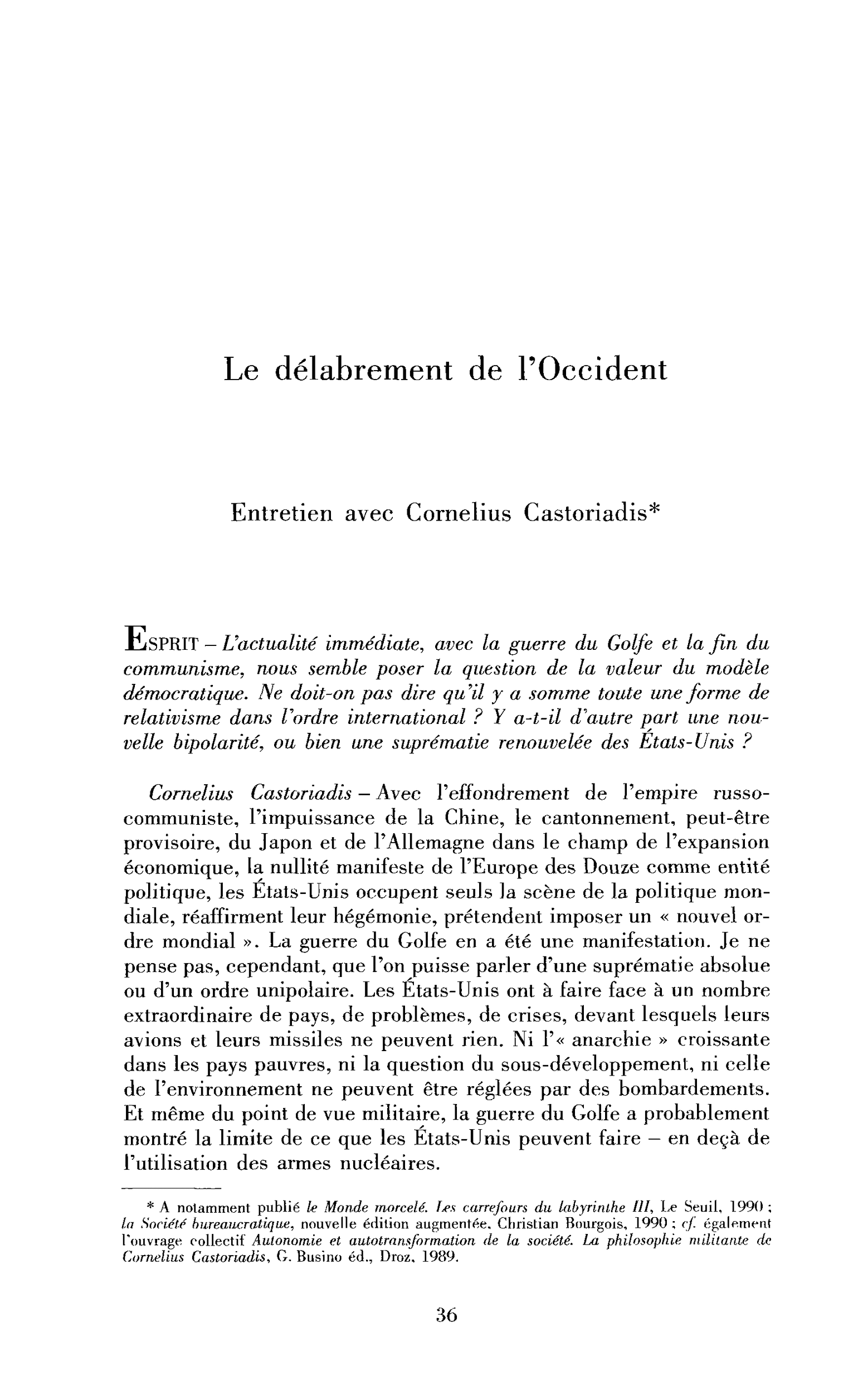 Le délabrement de l’Occident