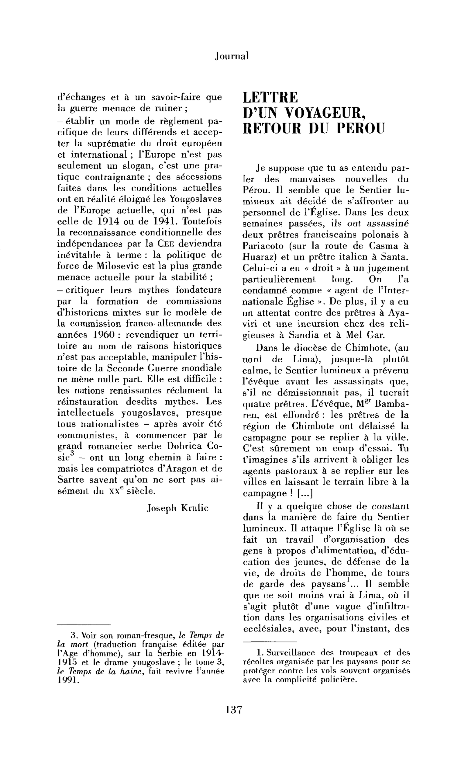 Lettre d’un voyageur, retour du Pérou