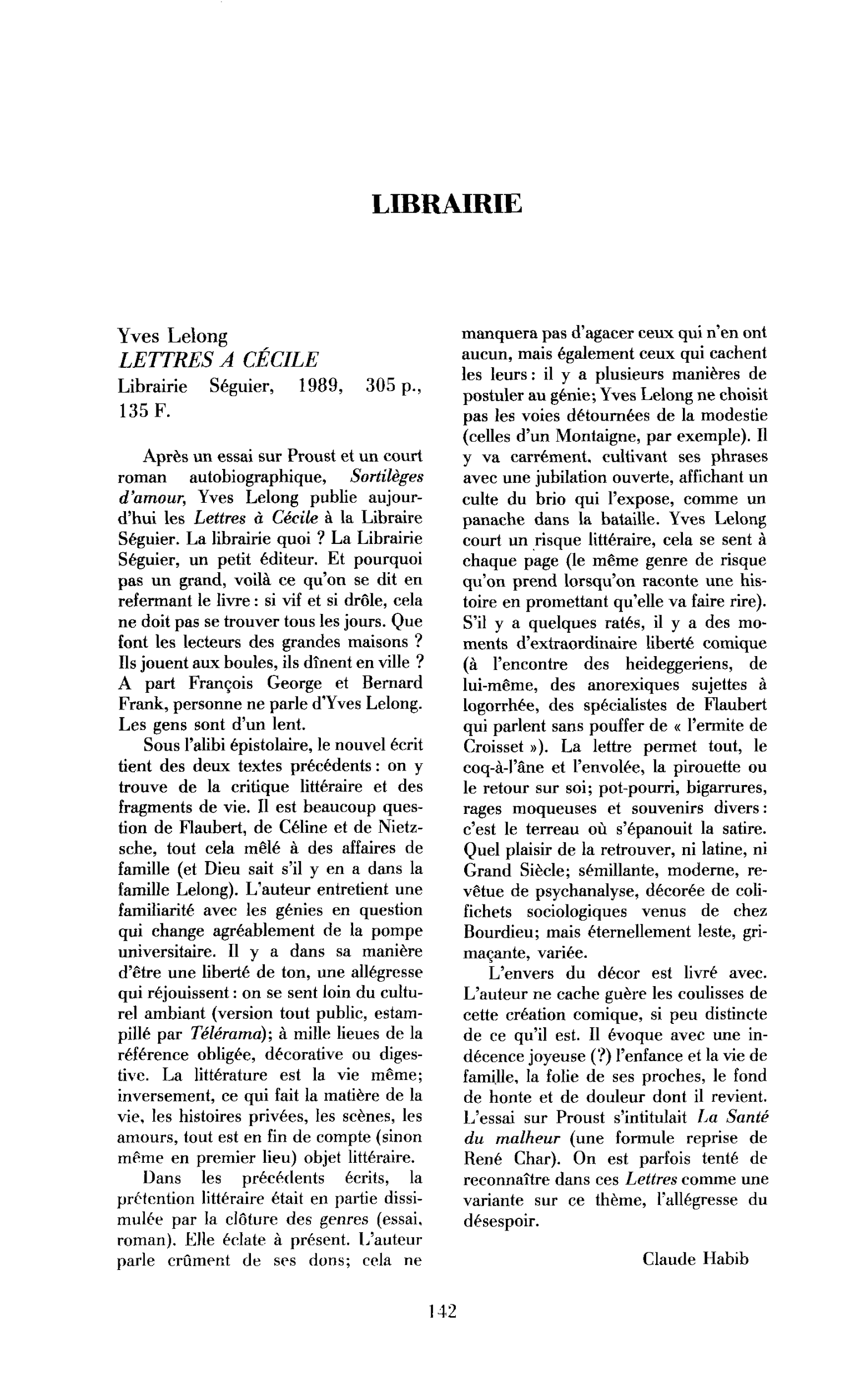 Yves Lelong, Lettres à Cécile
