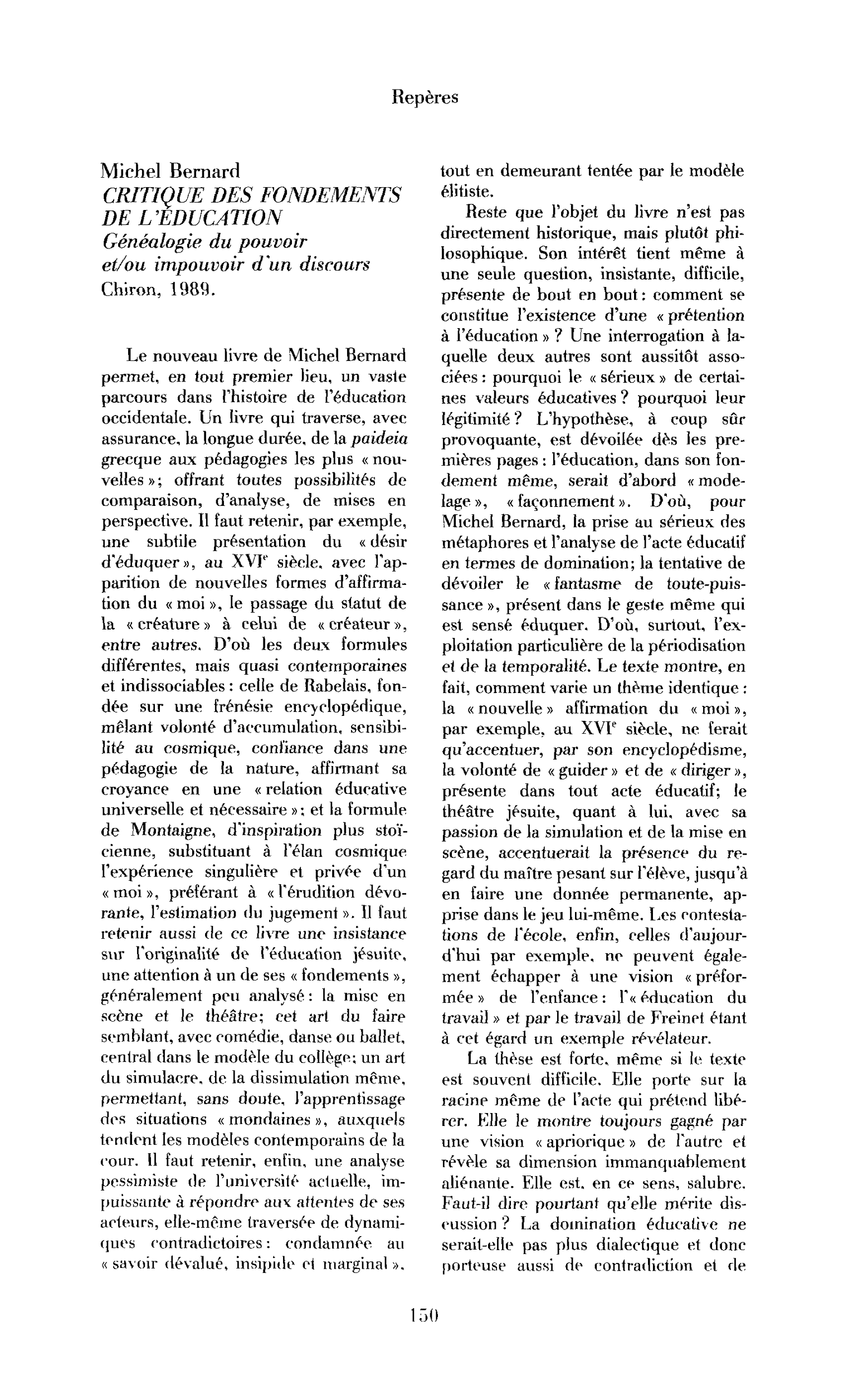 Michel Bernard, Critique des fondements de l’éducation