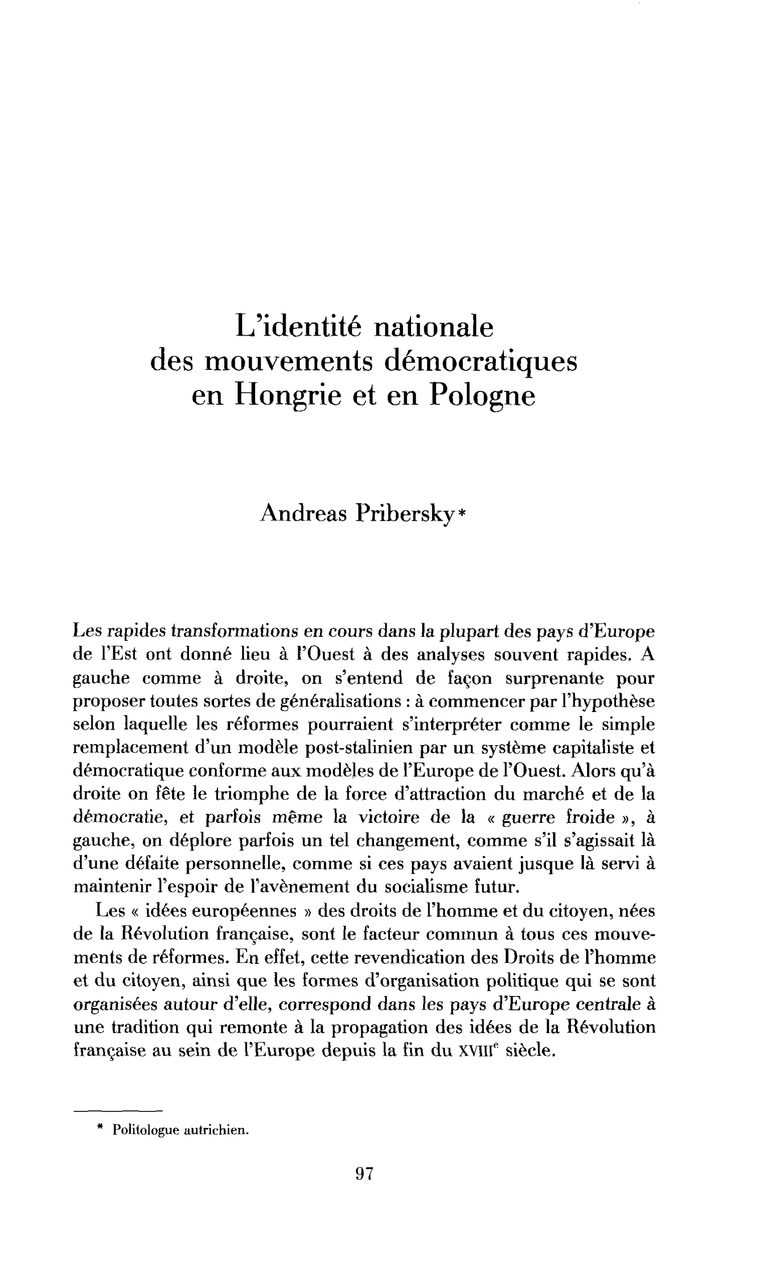 L’identité nationale des mouvements démocratiques en Hongrie et en Pologne