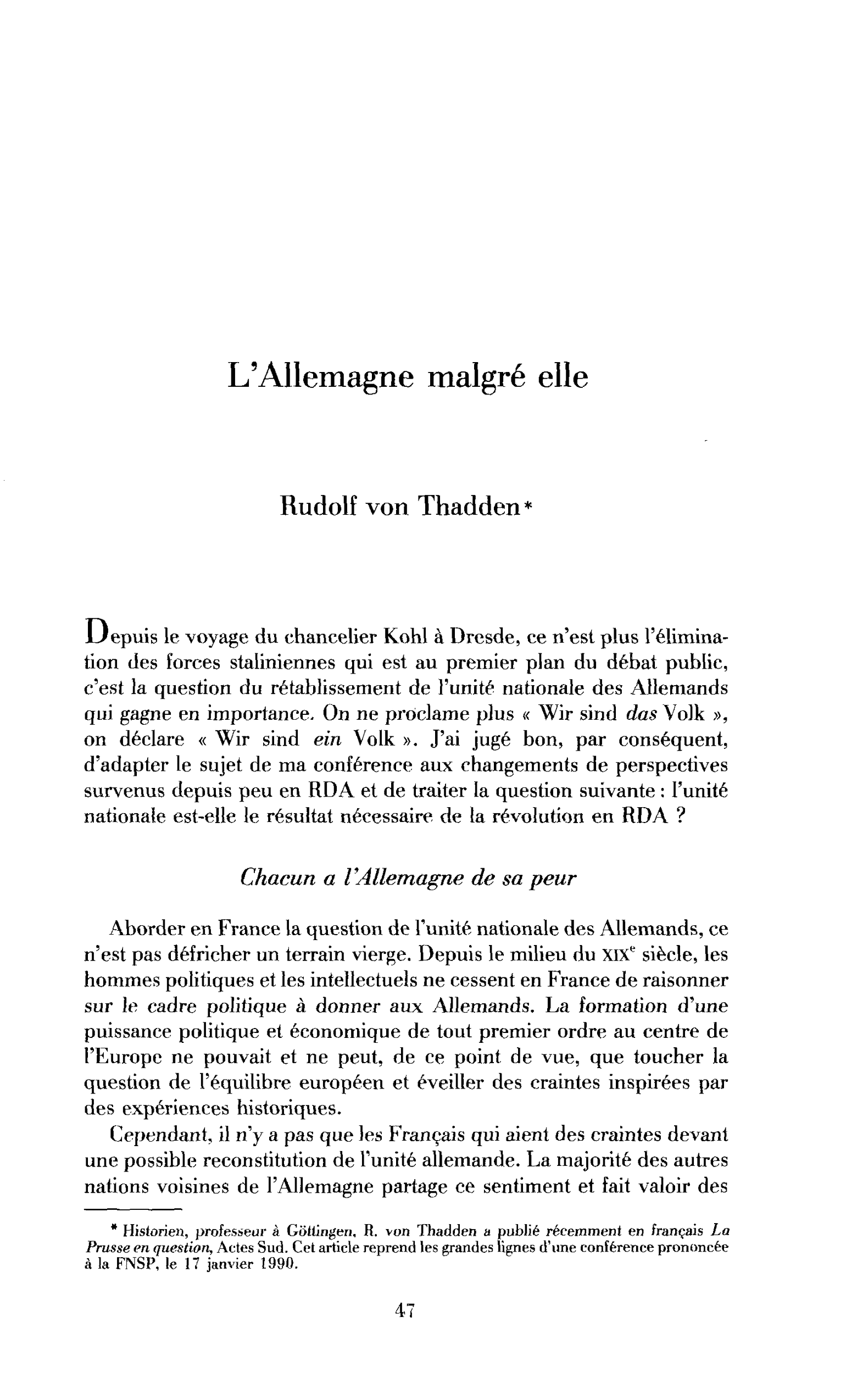 L’Allemagne malgré elle