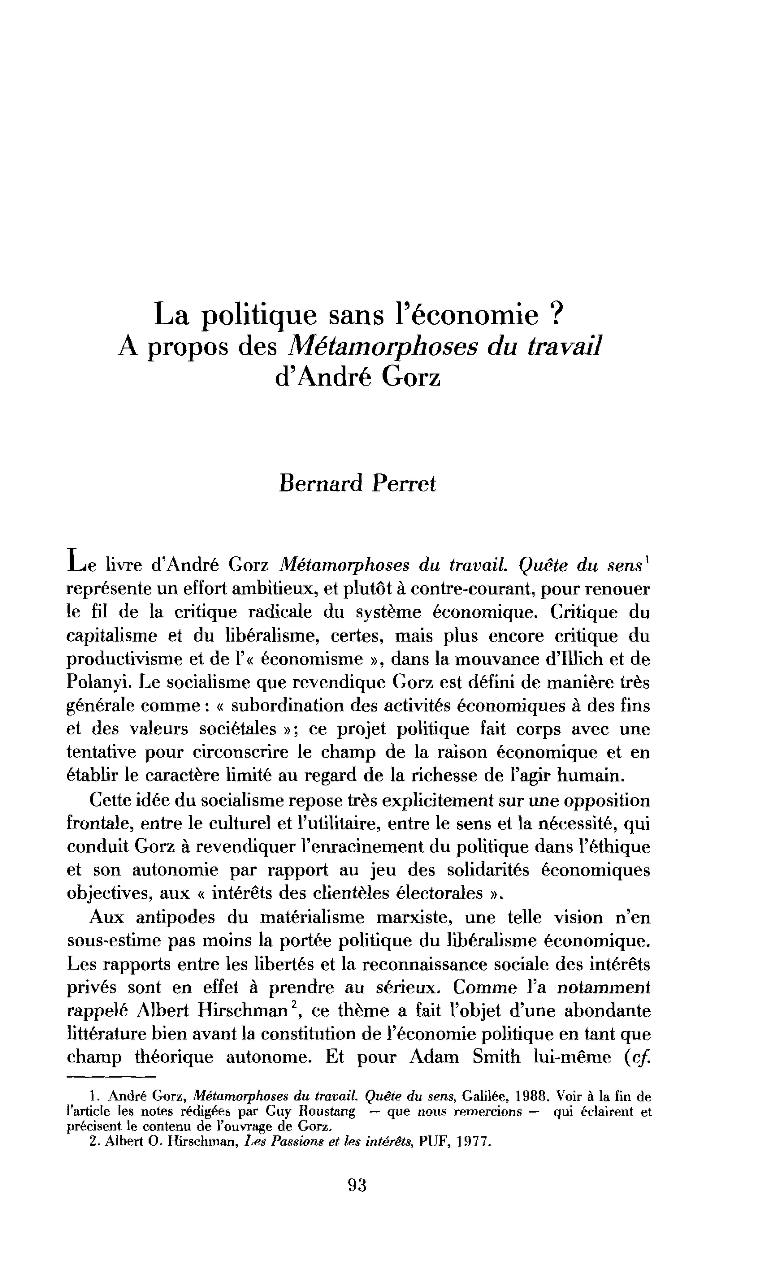La politique sans l’économie ? A propos d’André Gorz