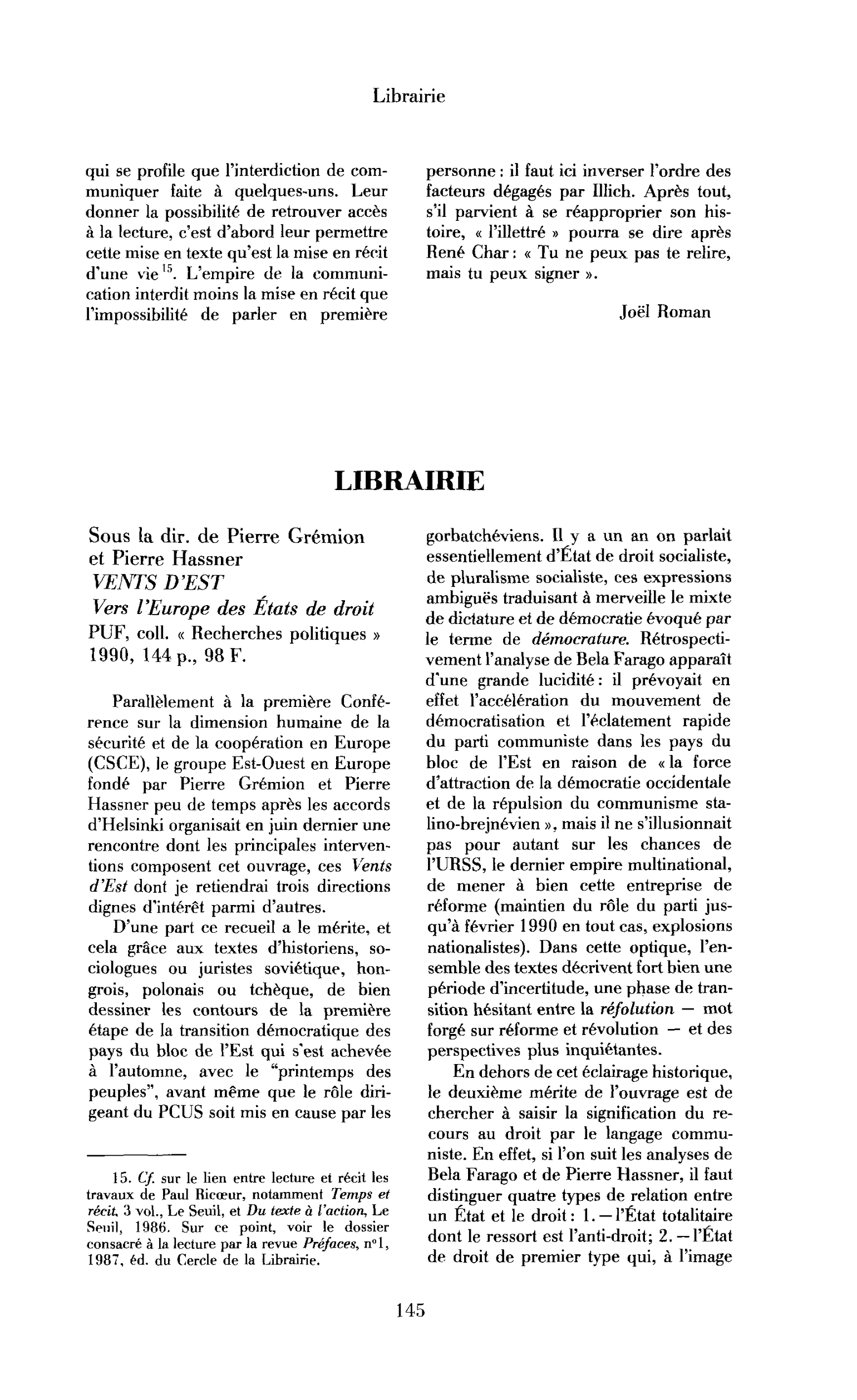Pierre Grémion et Pierre Hassner (dir.), Vents d’Est. Vers l’Europe des États de droit