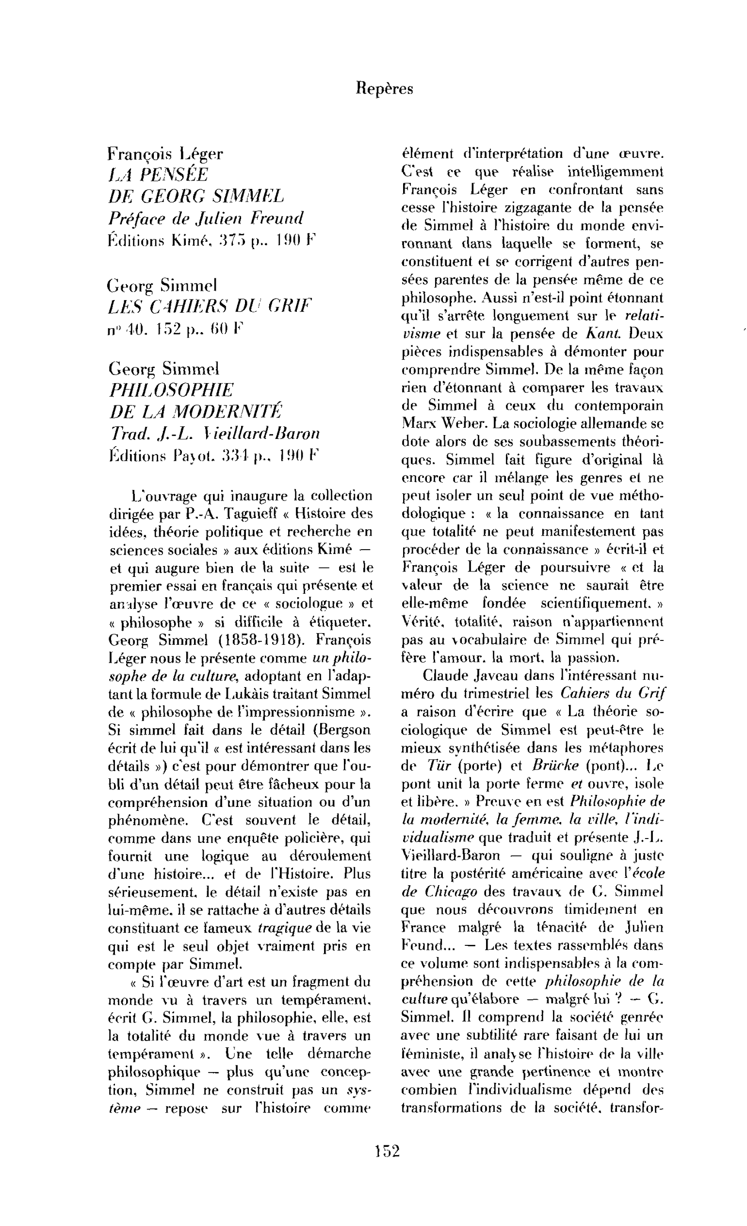 « François Léger, La Pensée de Georg Simmel ; Les Cahiers du GRIF, Georg Simmel ; Georg Simmel, Philosophie de la modernité »
