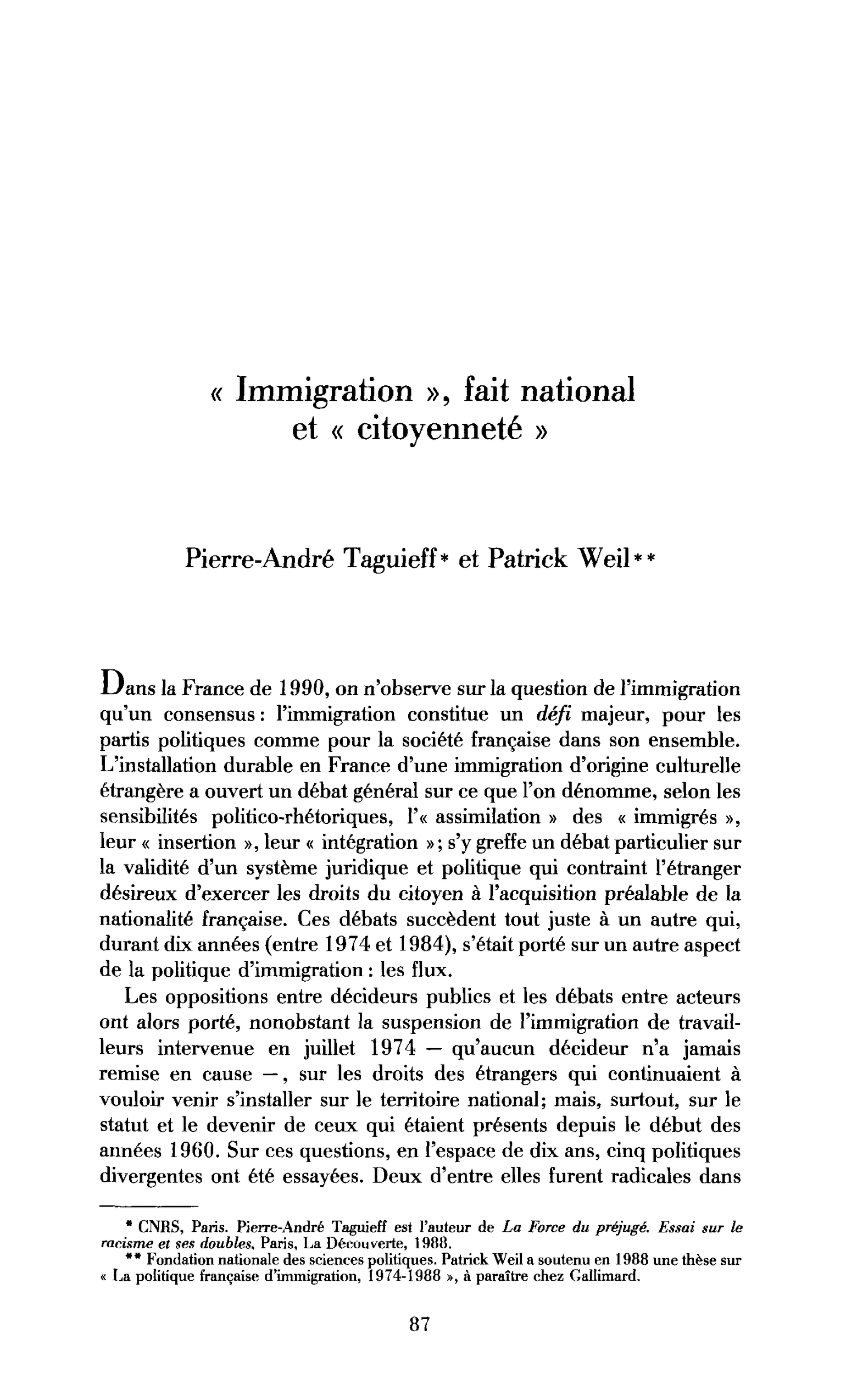 Immigration, fait national et citoyenneté