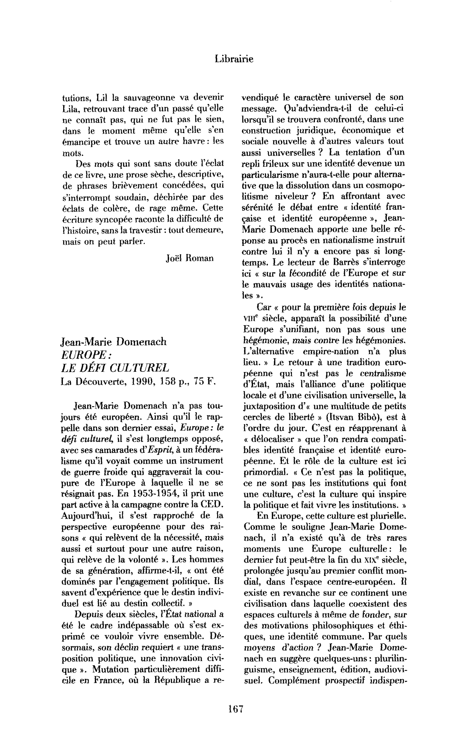 Jean-Marie Domenach, Europe, le défi culturel