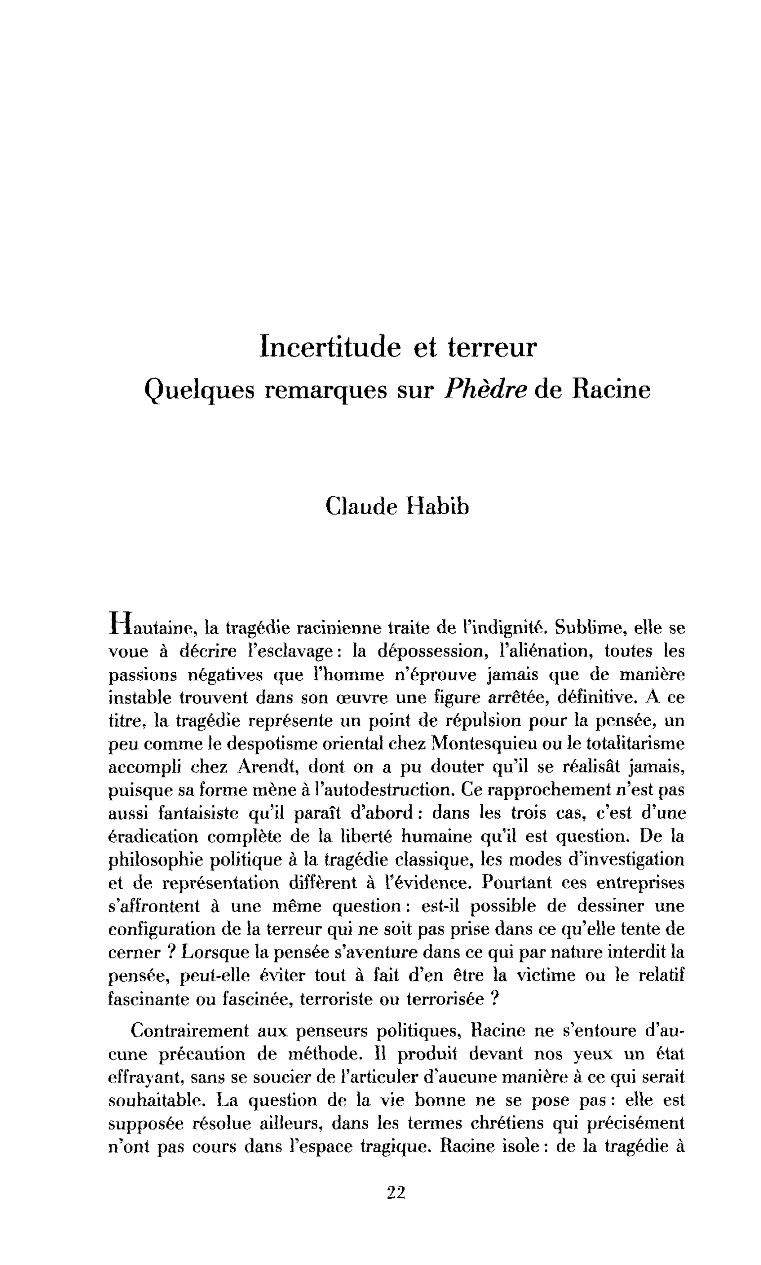 Incertitude et terreur (remarques sur Phèdre de Racine)