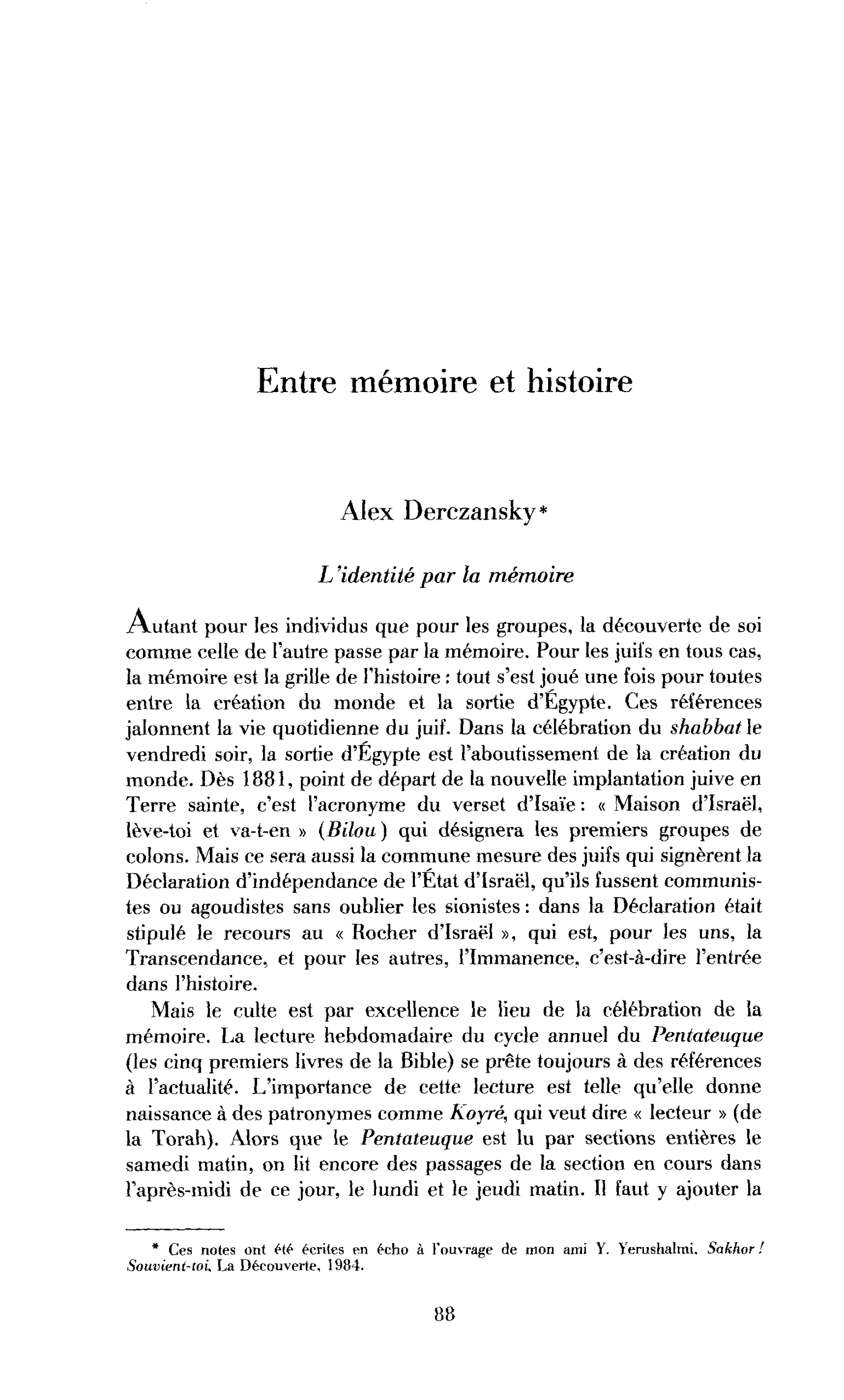 Entre mémoire et histoire
