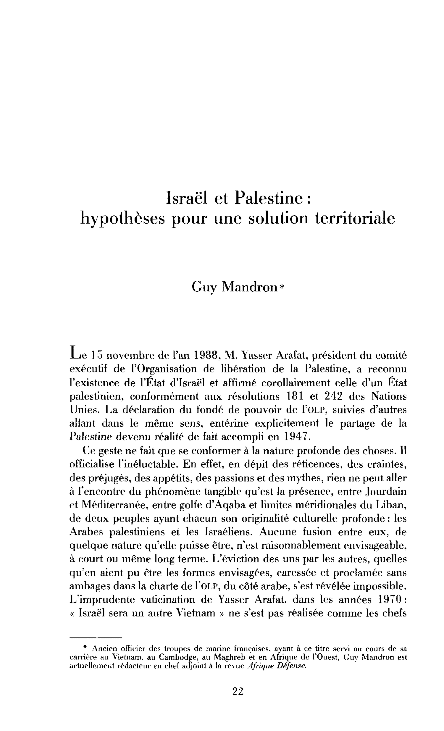 Israël et Palestine : hypothèses pour une solution territoriale