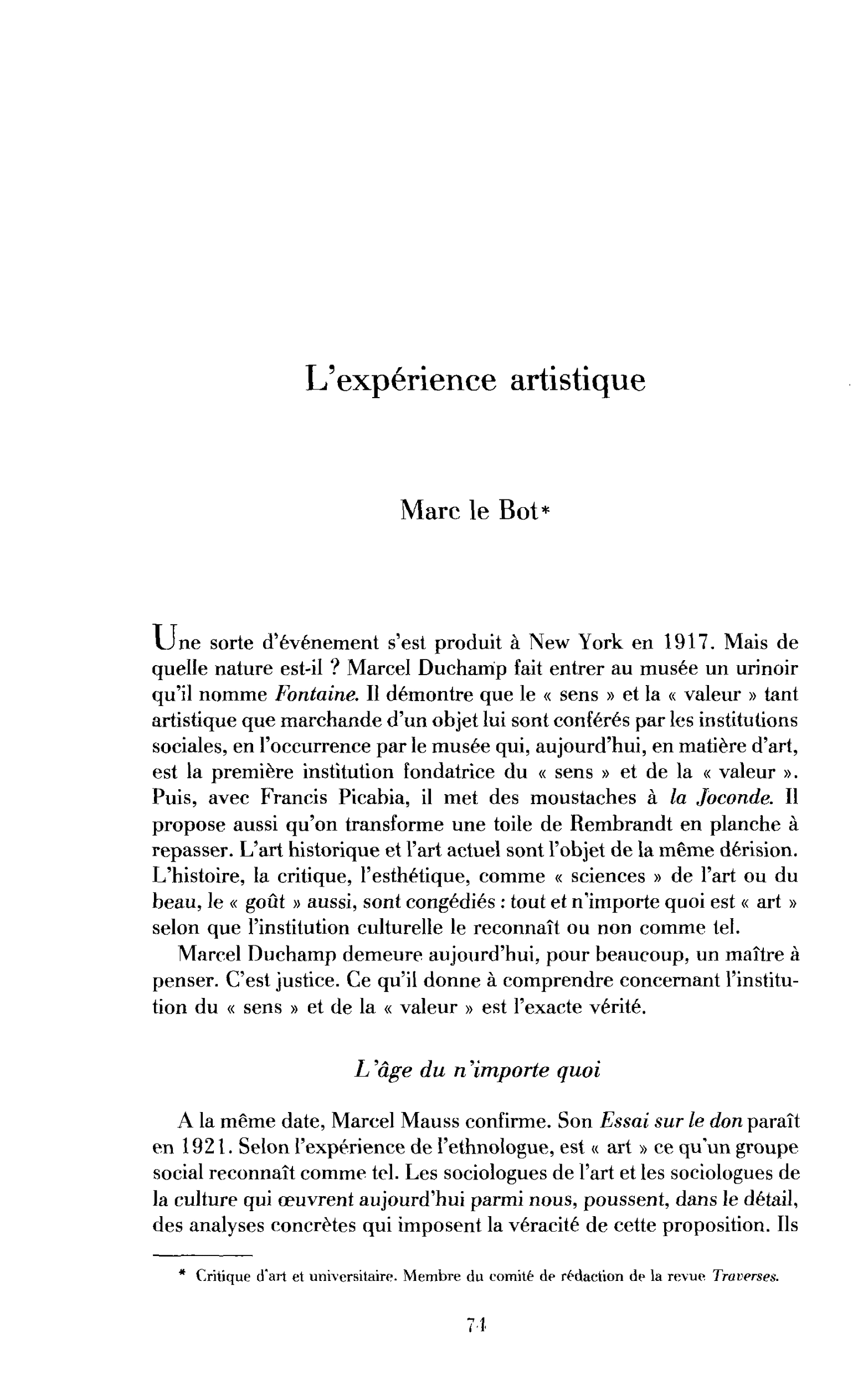 L’expérience artistique