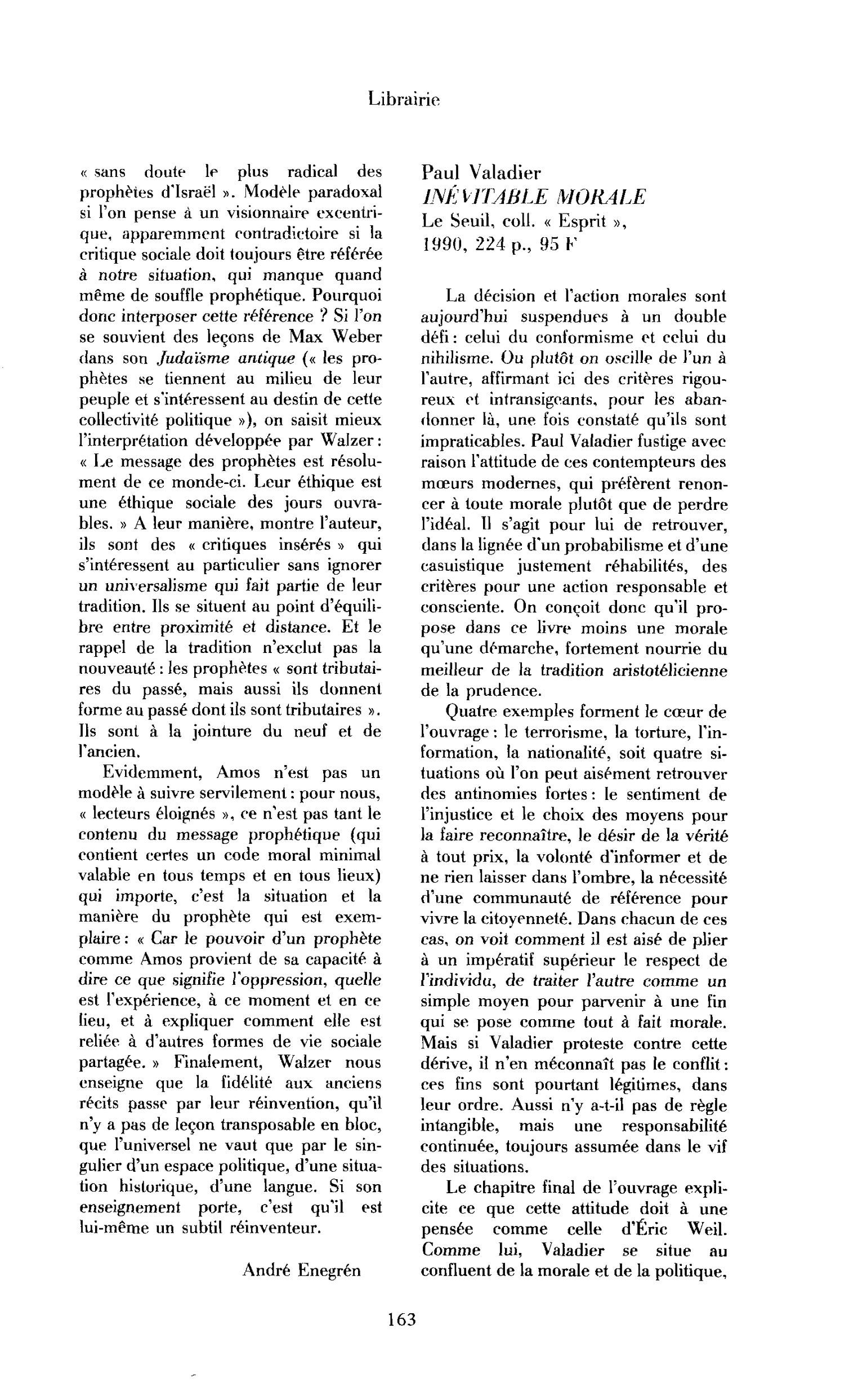 Paul Valadier, Inévitable morale