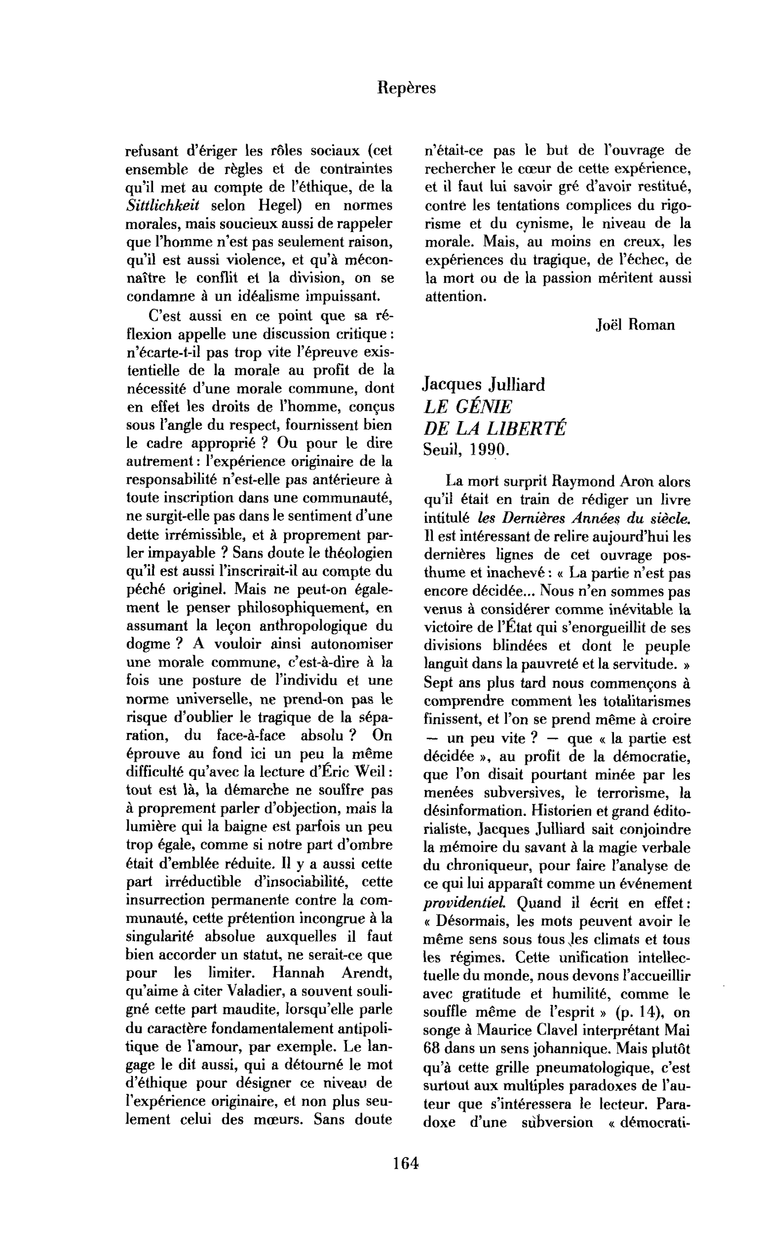 Jacques Julliard, Le Génie de la liberté (Aron)