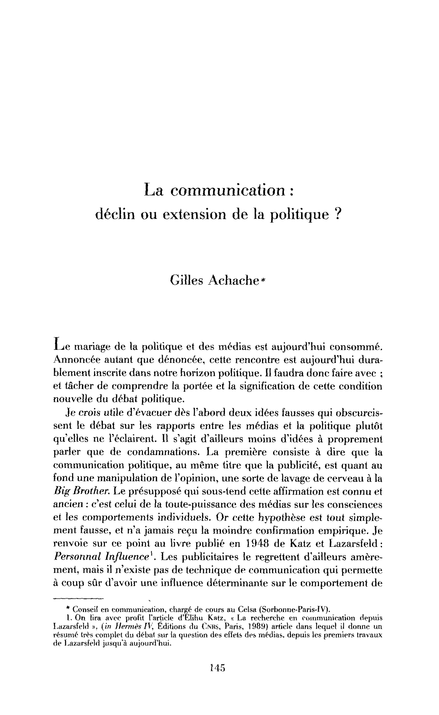 La communication, déclin ou extension de la politique ?