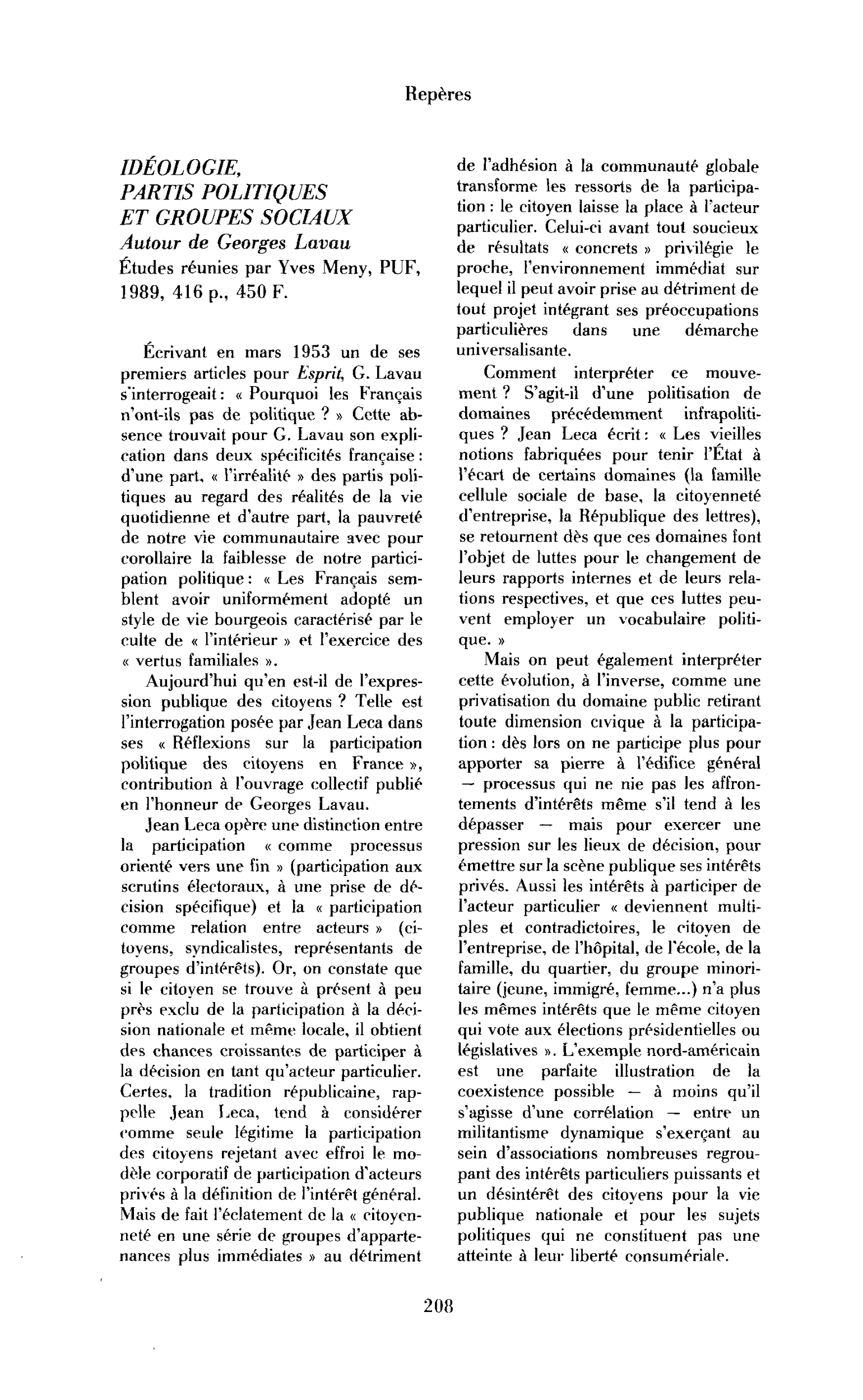Idéologie, partis politiques et groupes sociaux. Autour de Georges Lavau