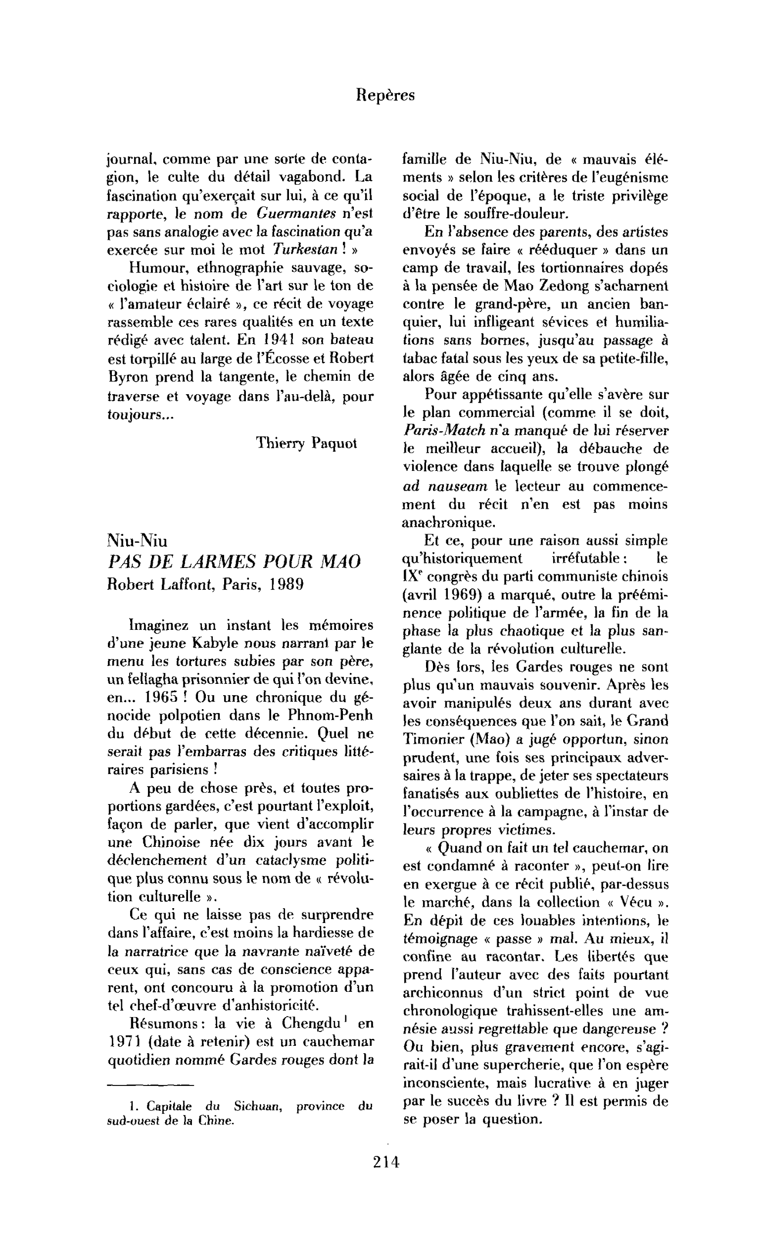Niu-Niu, Pas de larmes pour Mao