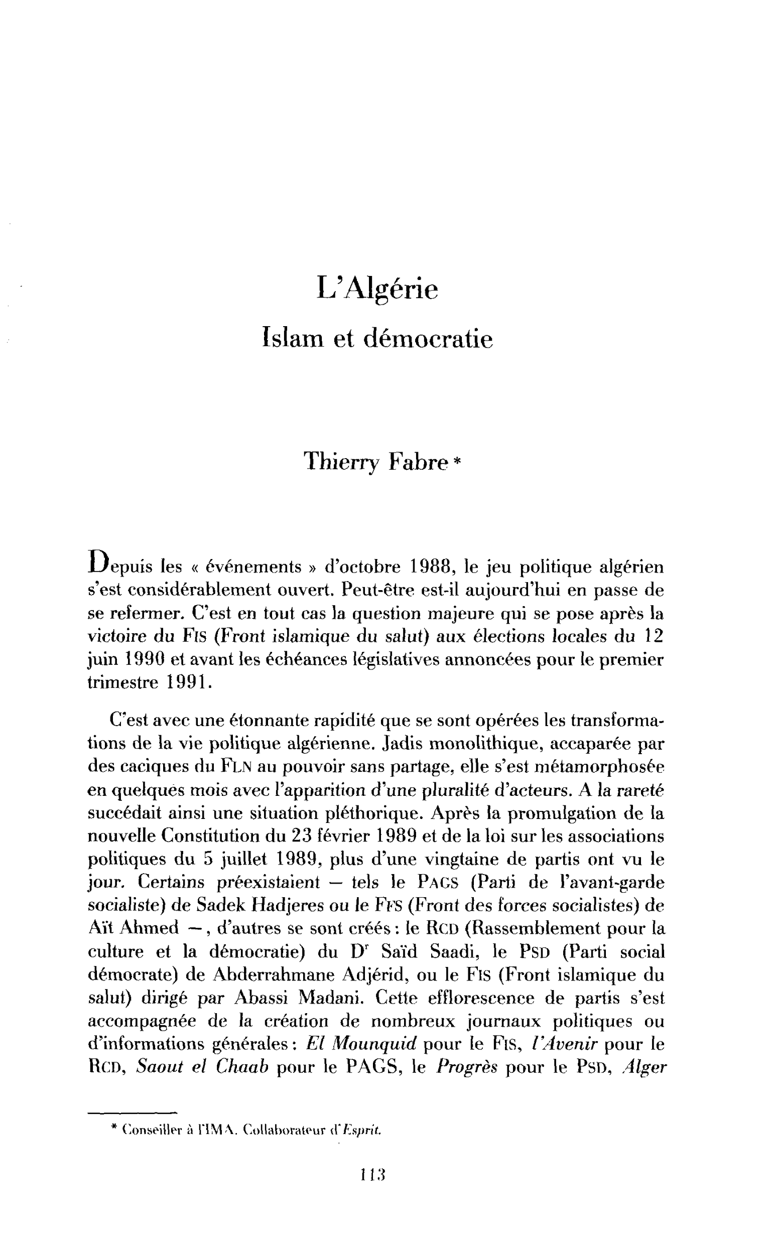 L’Algérie, l’islam et la démocratie