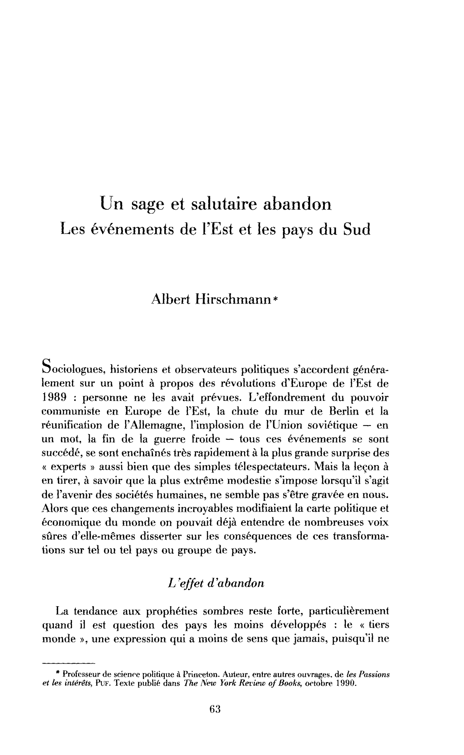 Un sage et salutaire abandon. Les événements de l’Est et les pays du Sud