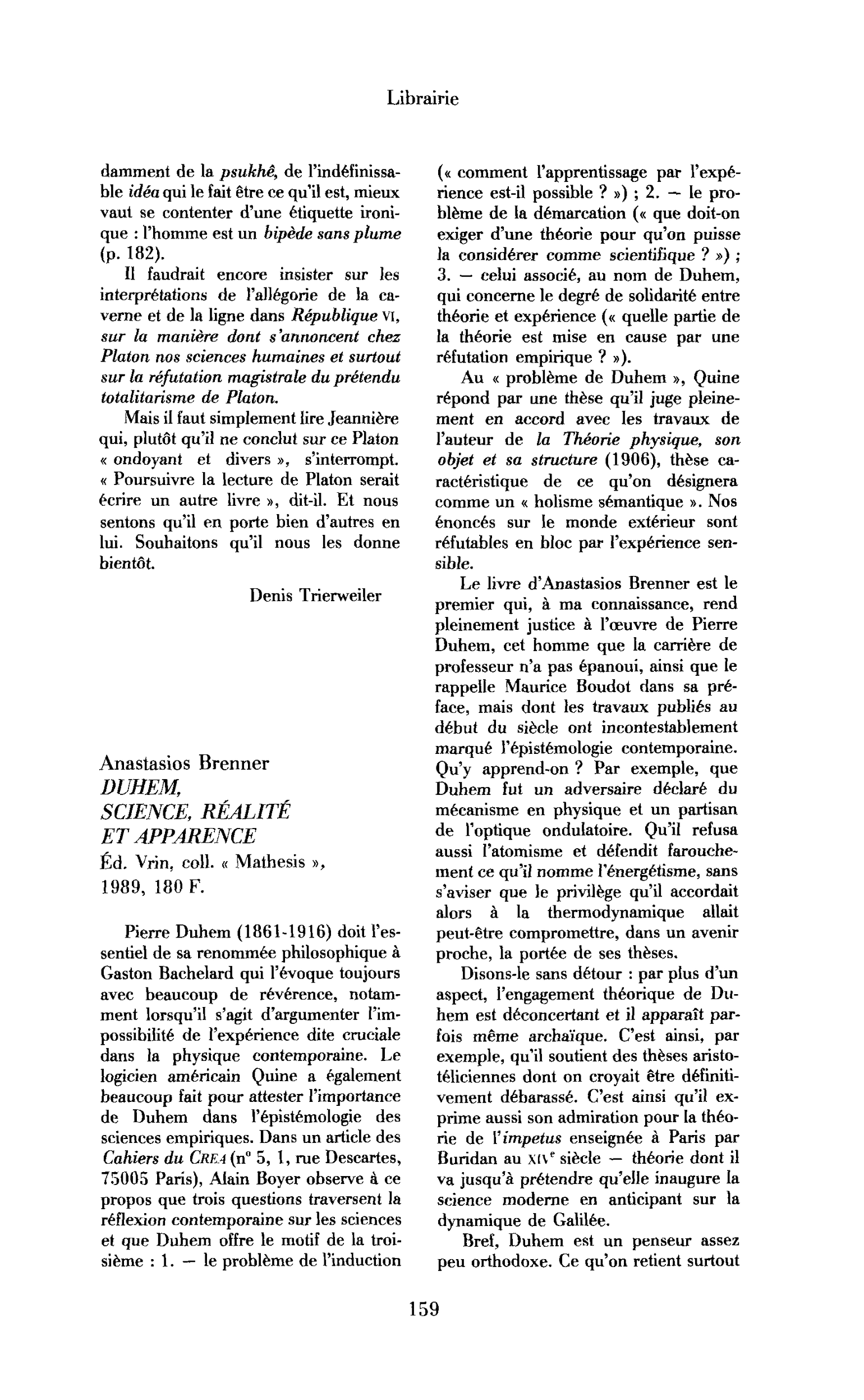 Anastasios Brenner, Duhem, science, réalité et apparence