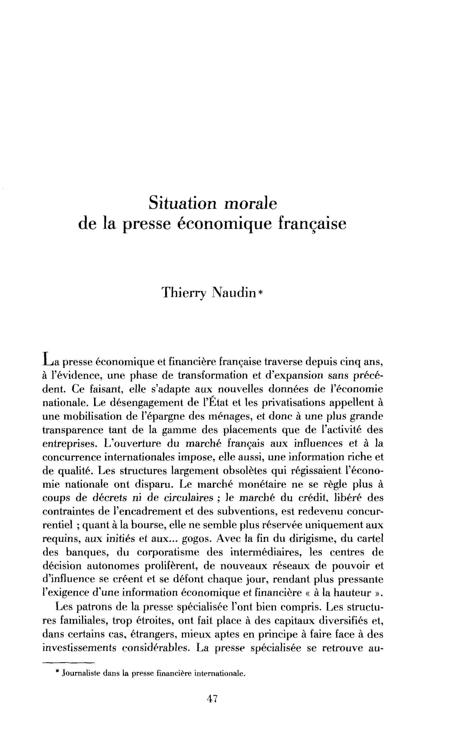 Situation morale de la presse économique