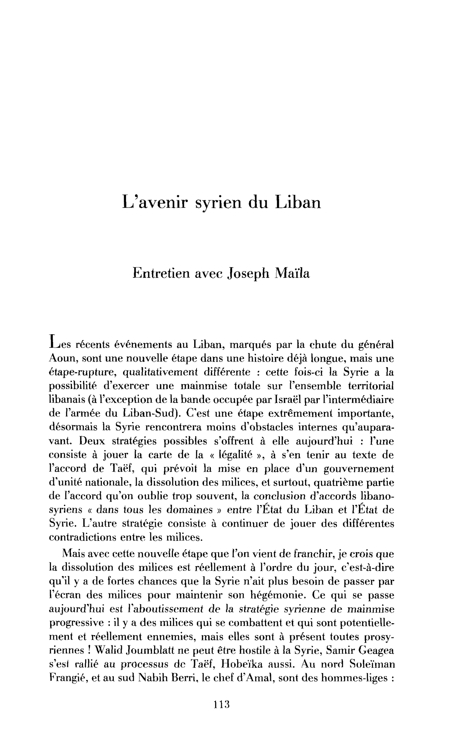 L’avenir syrien du Liban