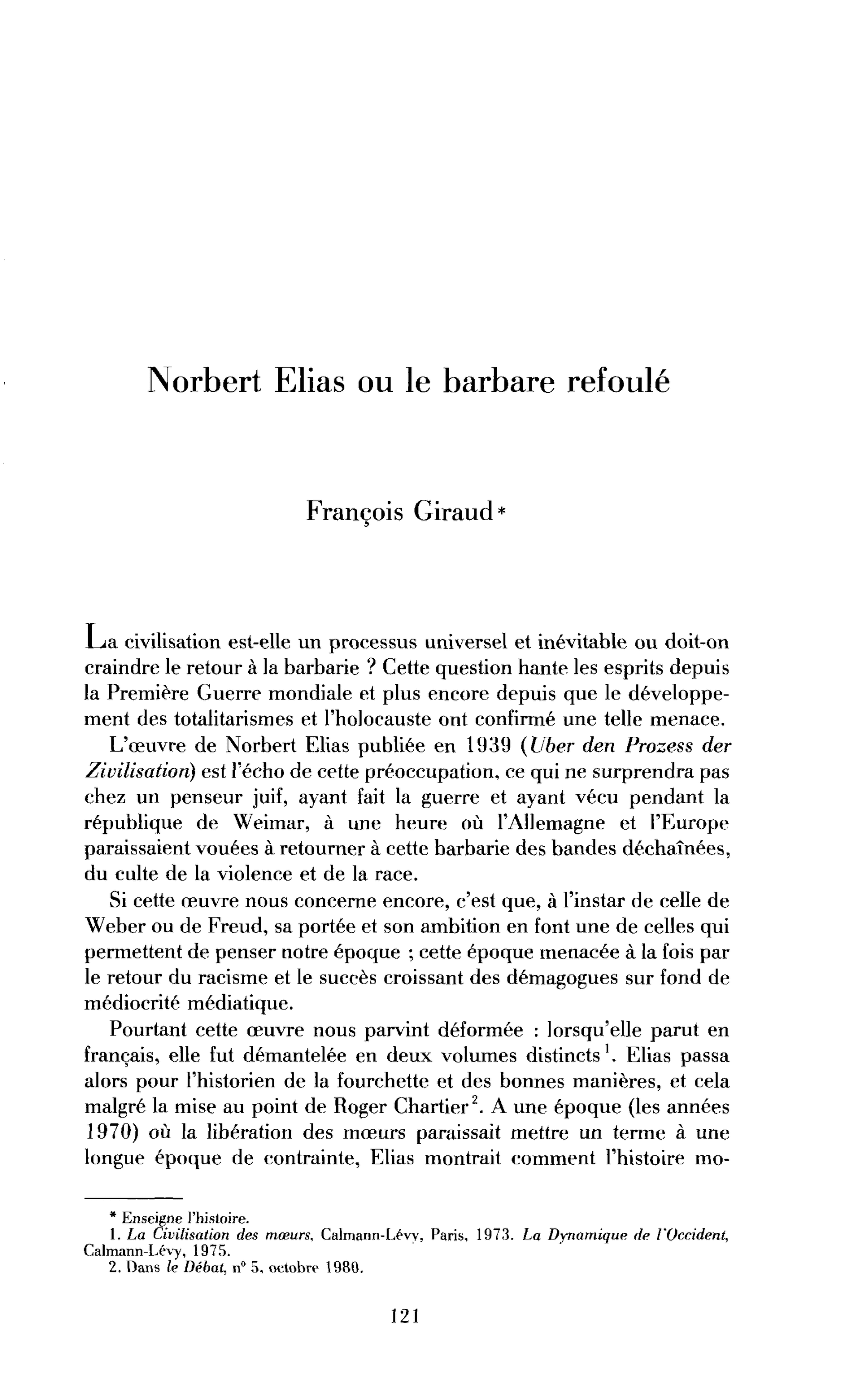 Norbert Elias ou le barbare refoulé