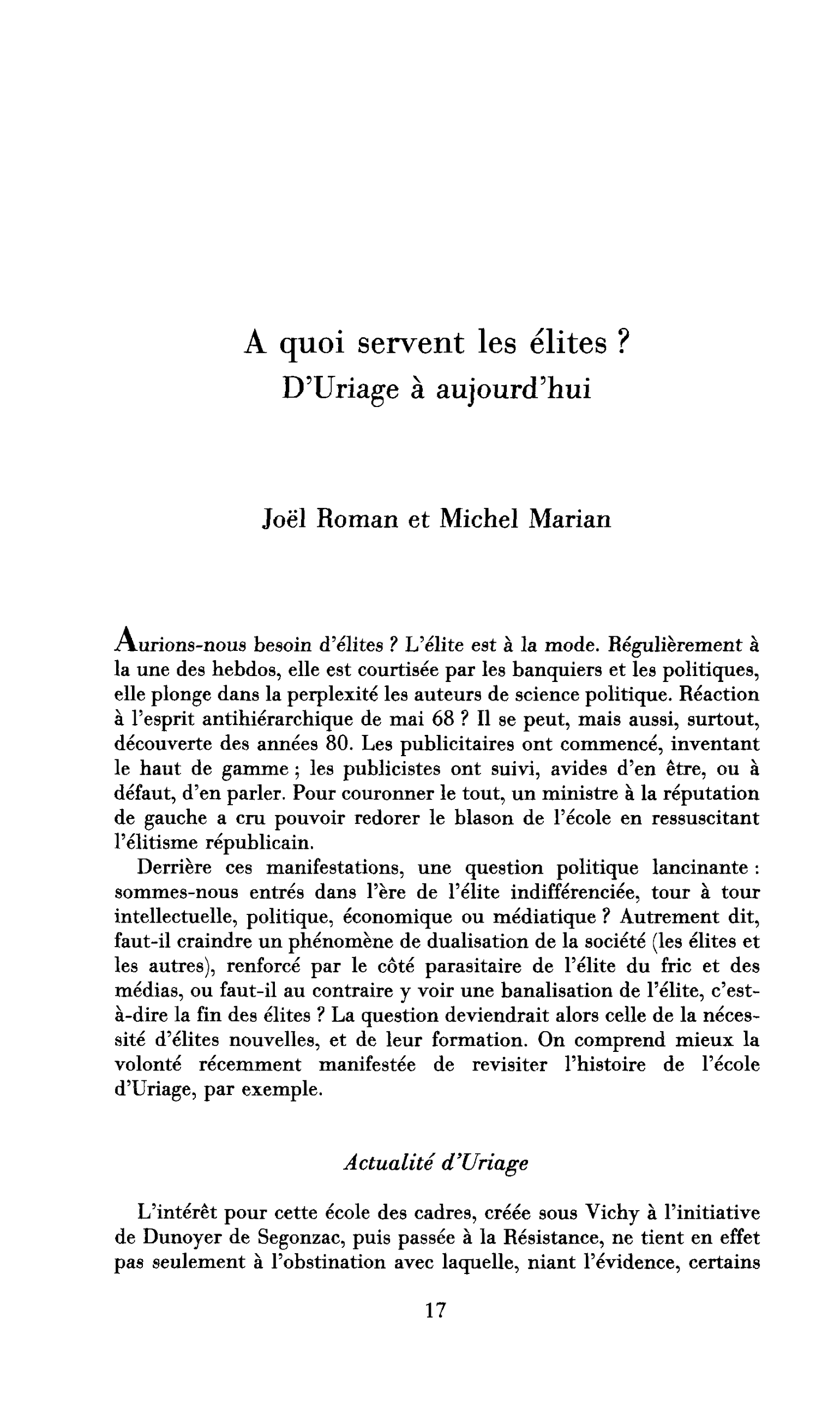 A quoi servent les élites ? D’Uriage à aujourd’hui
