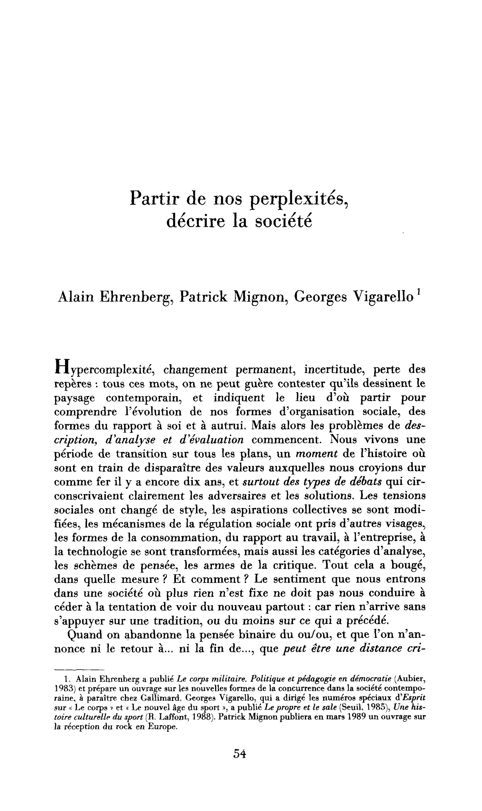 Partir de nos perplexités, décrire la société