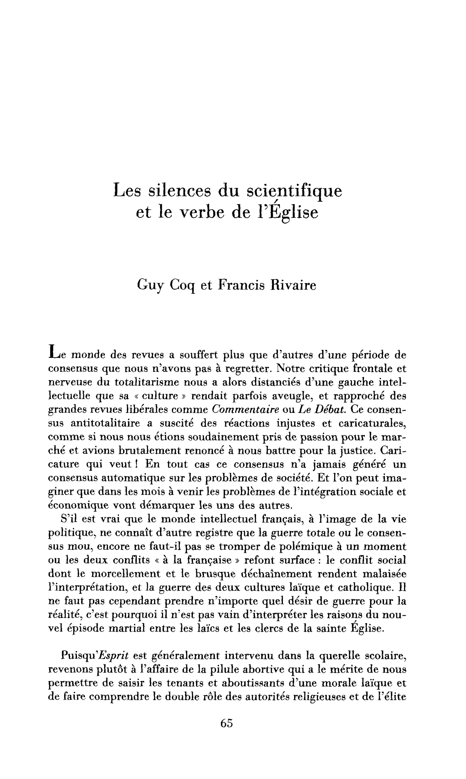 Les silences du scientifique et le verbe de l’Église