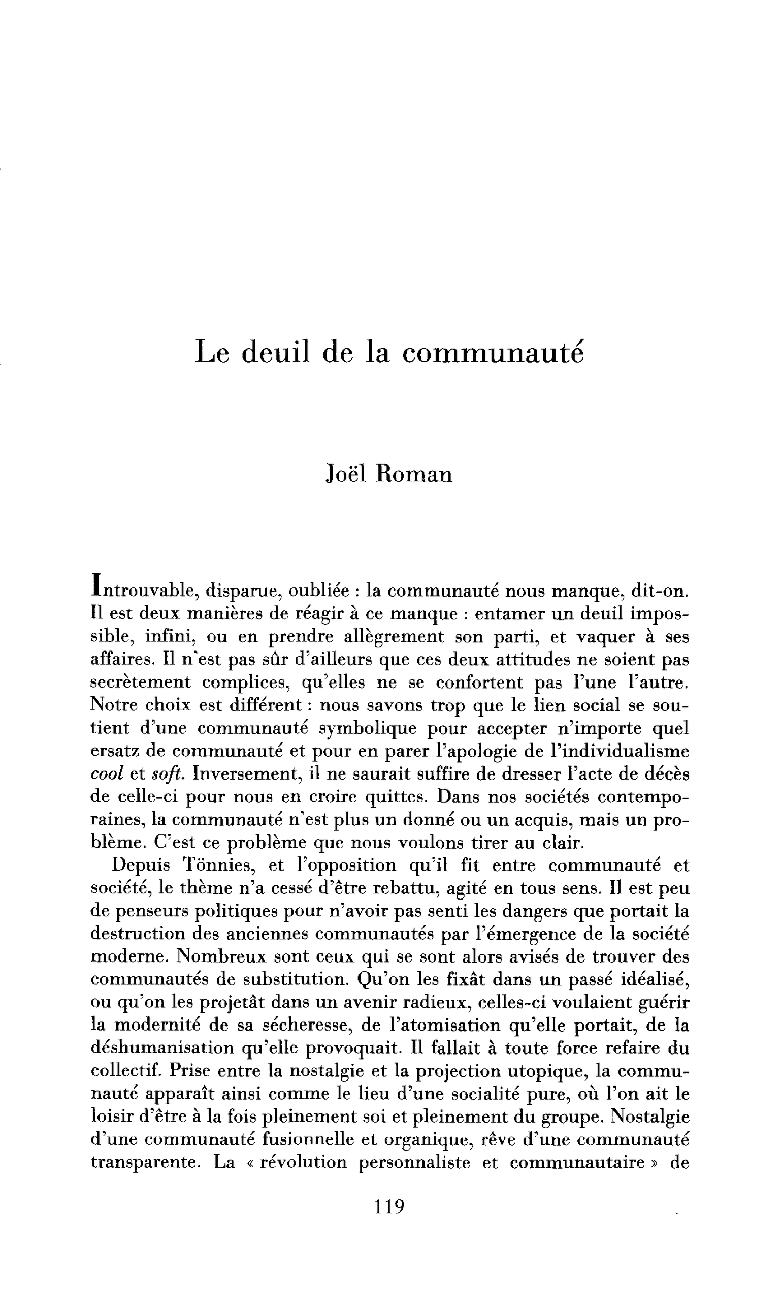 Le deuil de la communauté