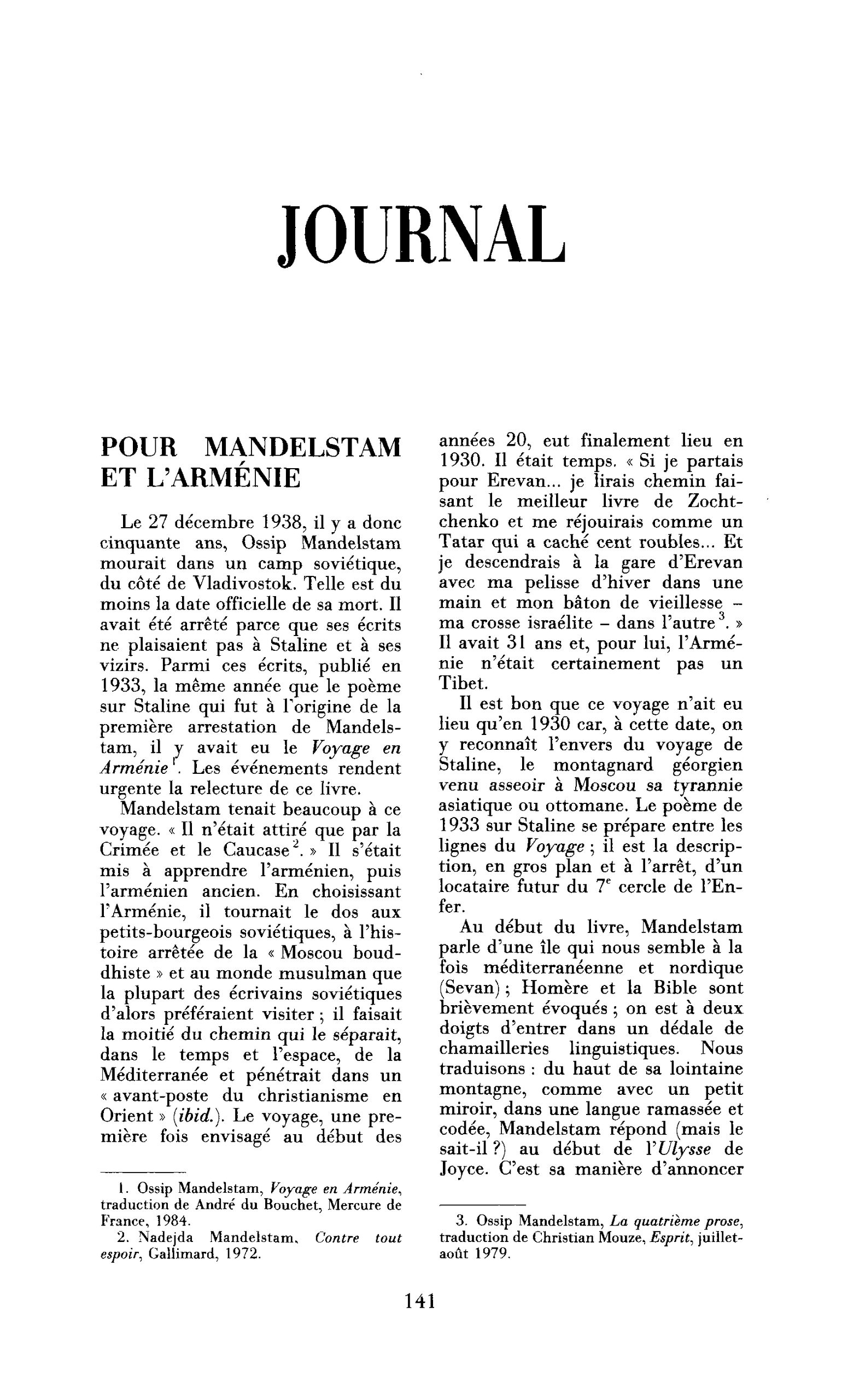 Pour Mandelstam et l’Arménie