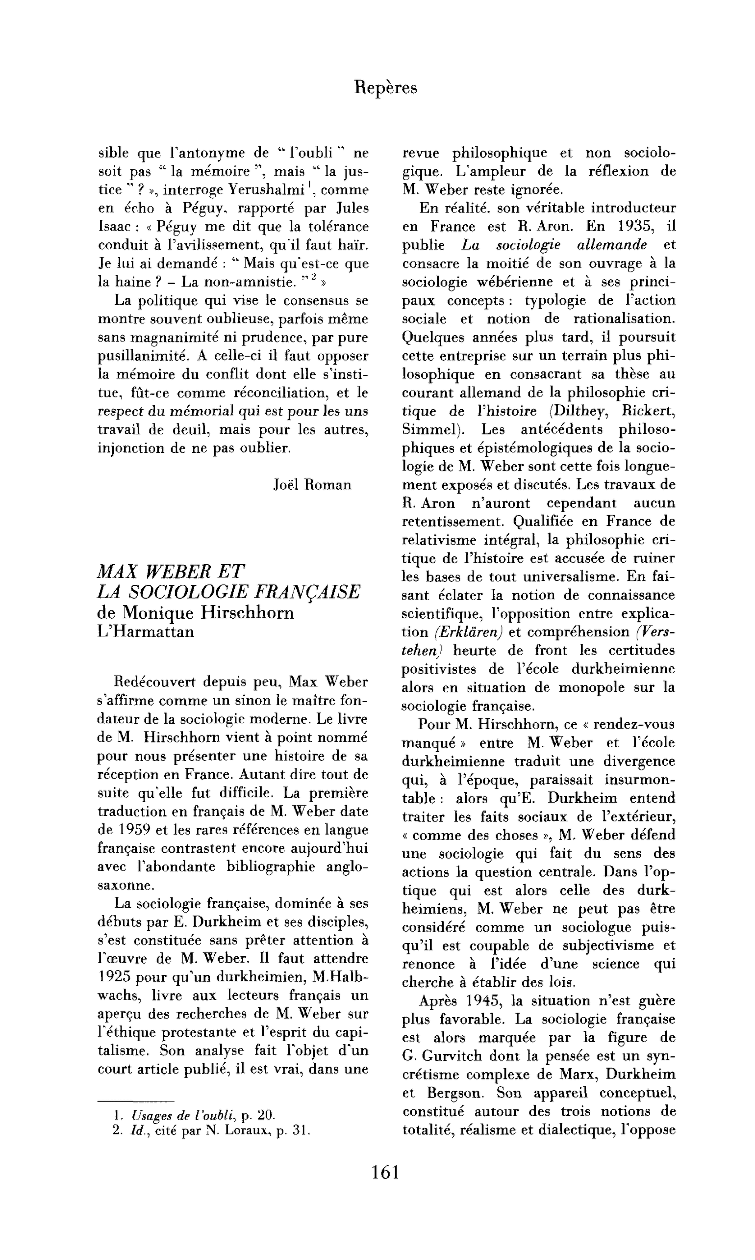Françoise Hirschhorn, Max Weber et la sociologie française