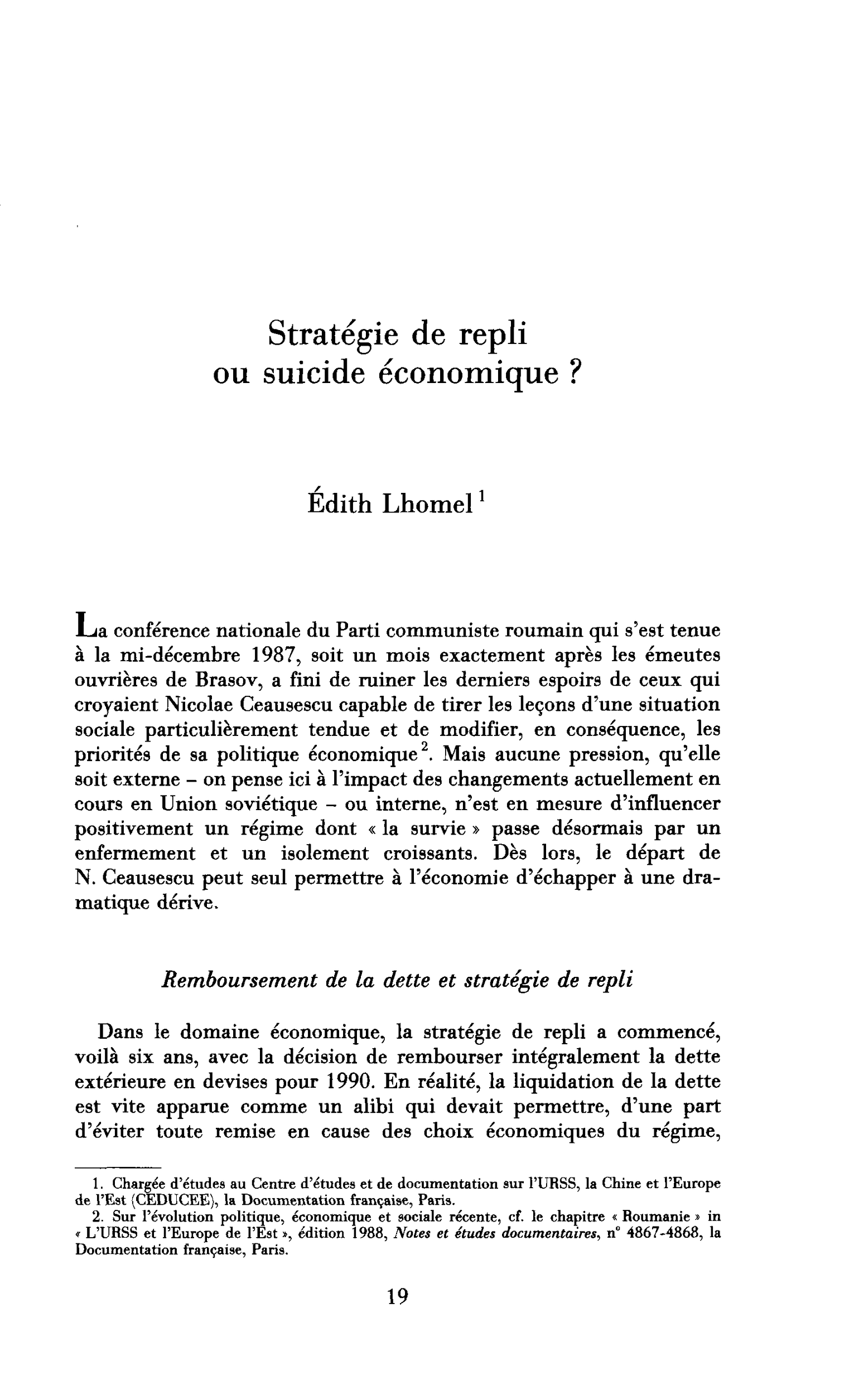 Stratégie de repli ou suicide économique ? (Roumanie)