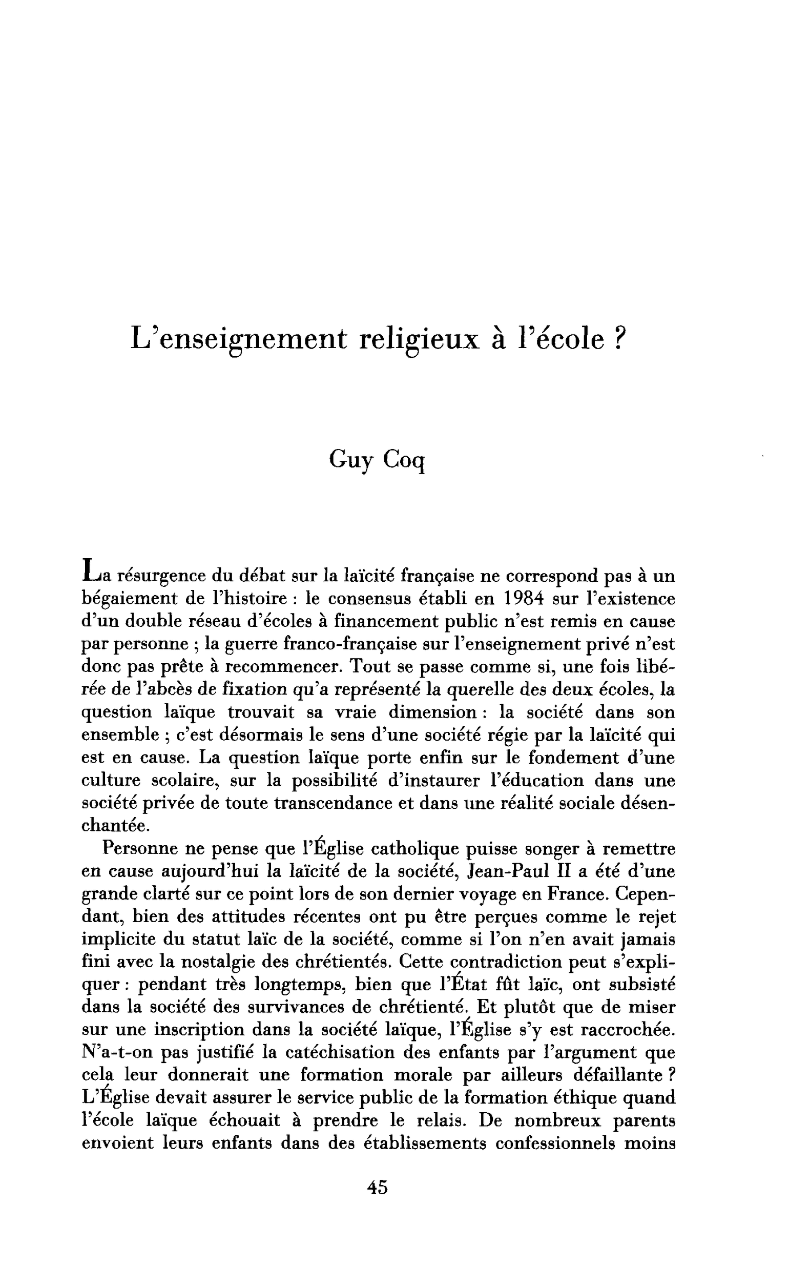 L’enseignement religieux à l’école ?