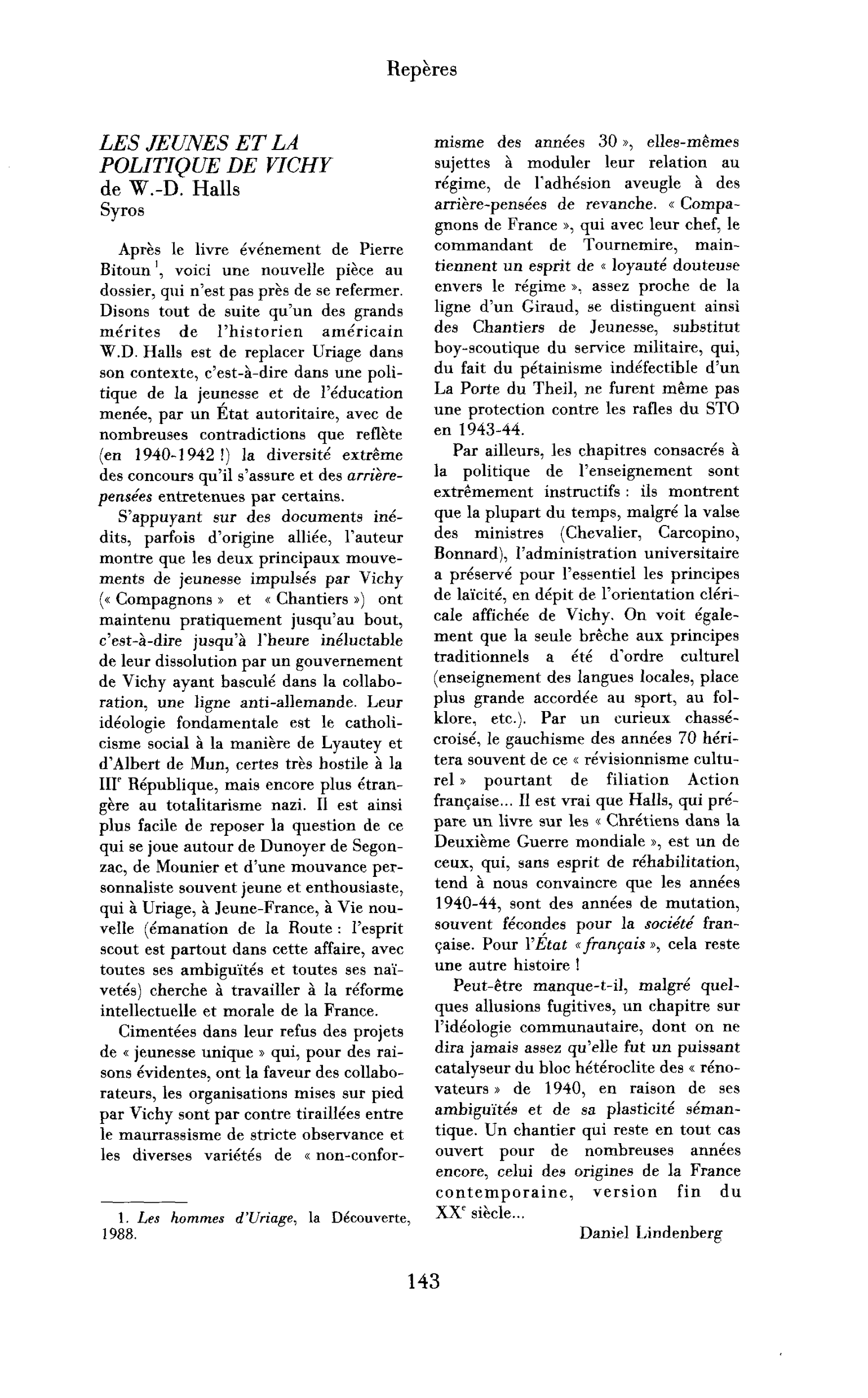 W.D. Halls, Les Jeunes et la politique de Vichy