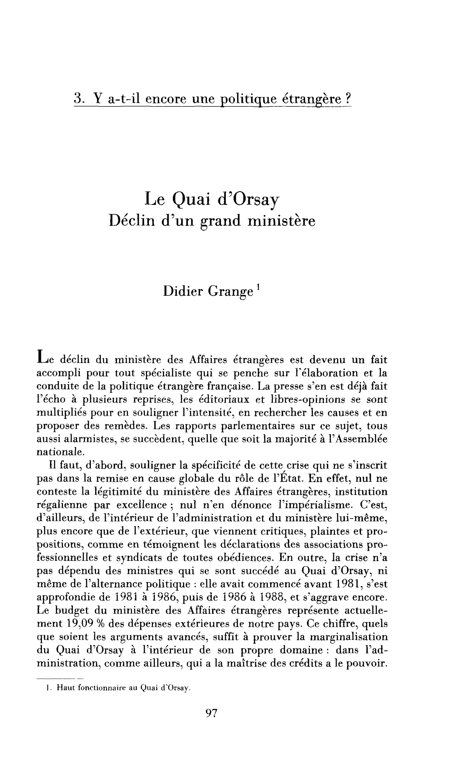 Le Quai d’Orsay : déclin d’un grand ministère
