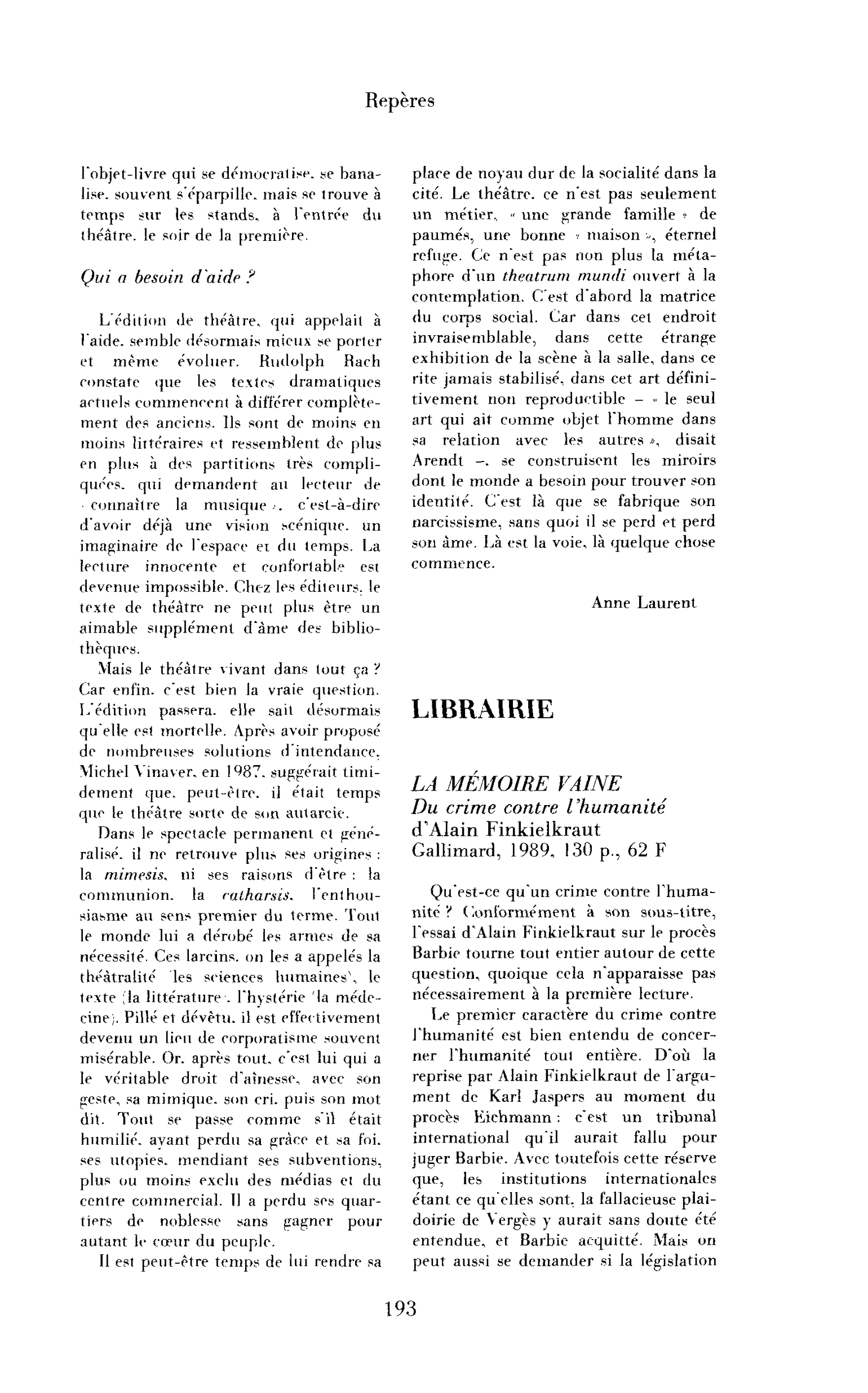 Alain Finkelkraut, La Mémoire vaine