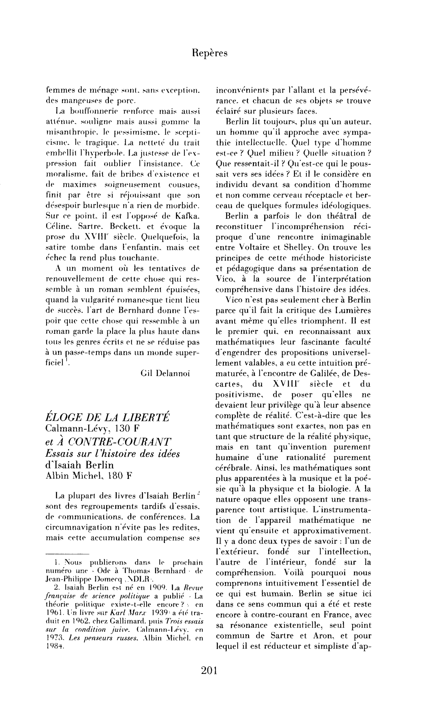 « Isaih Berlin, Eloge de la liberté ; A contre-courant. Essais sur l’’istoire des idées »