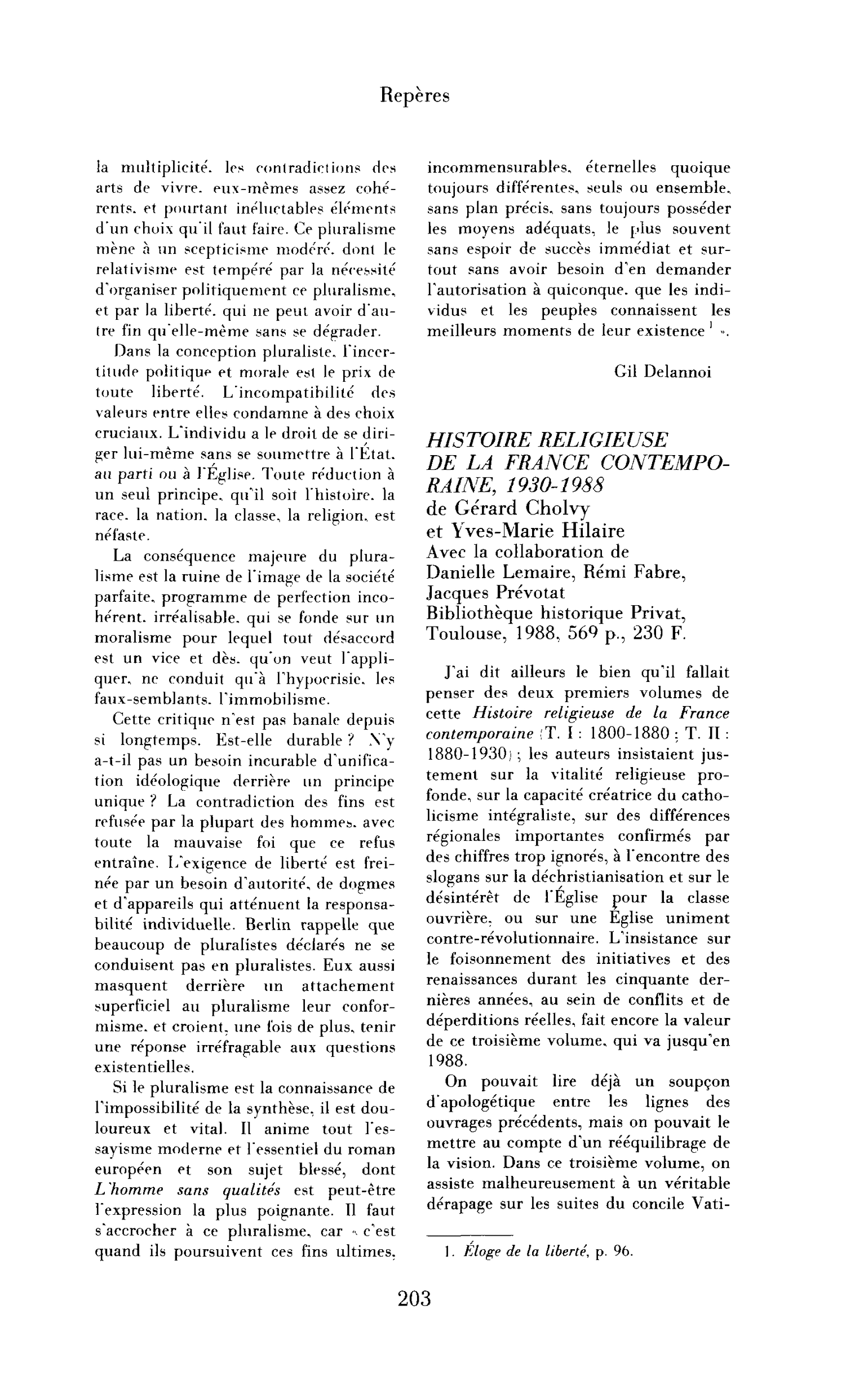 Gérard Cholvy et Yves-Marie Hilaire, Histoire religieuse de la France contemporaine, 1930-1988