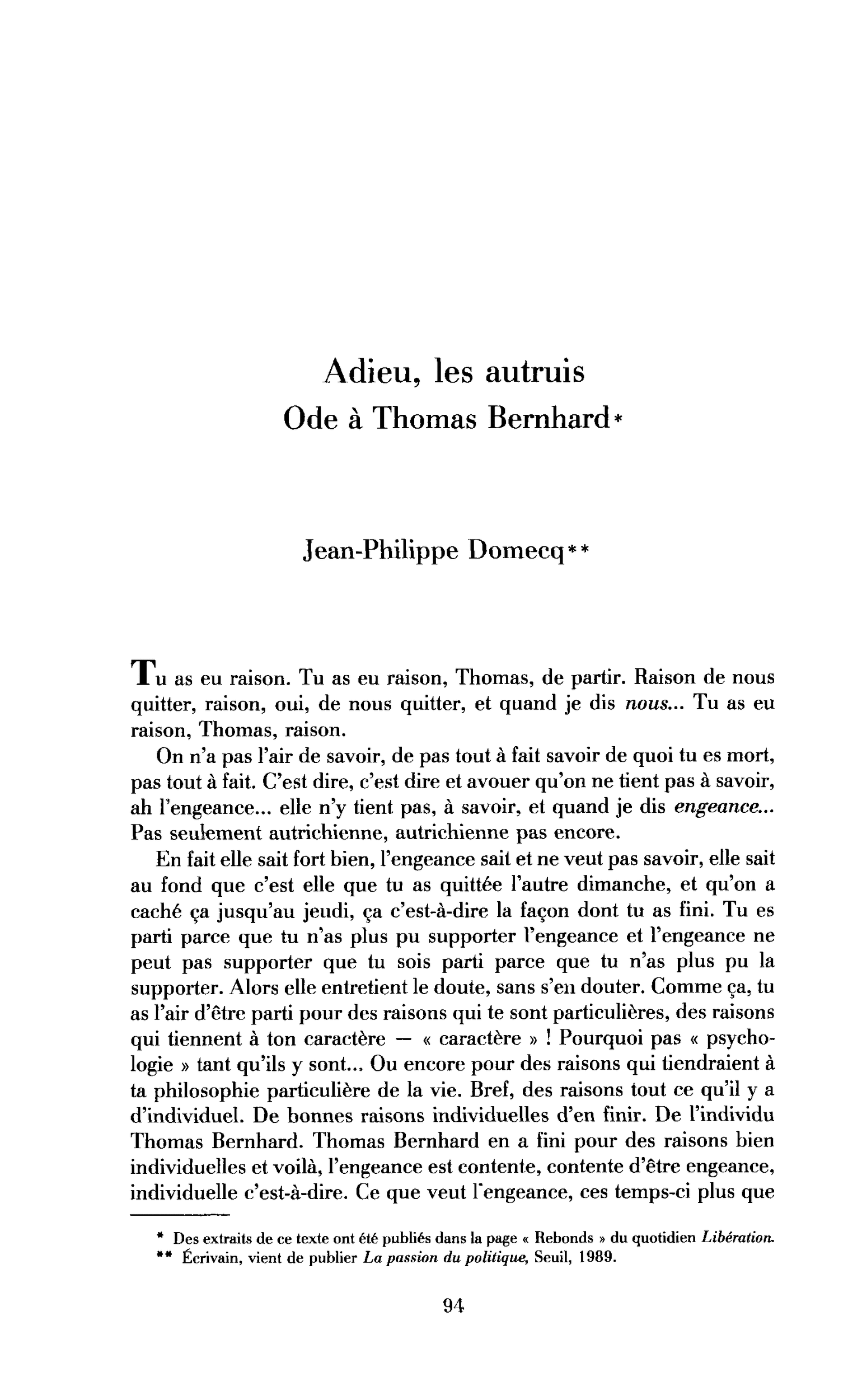 Adieu les autruis ! Ode à Thomas Bernhard