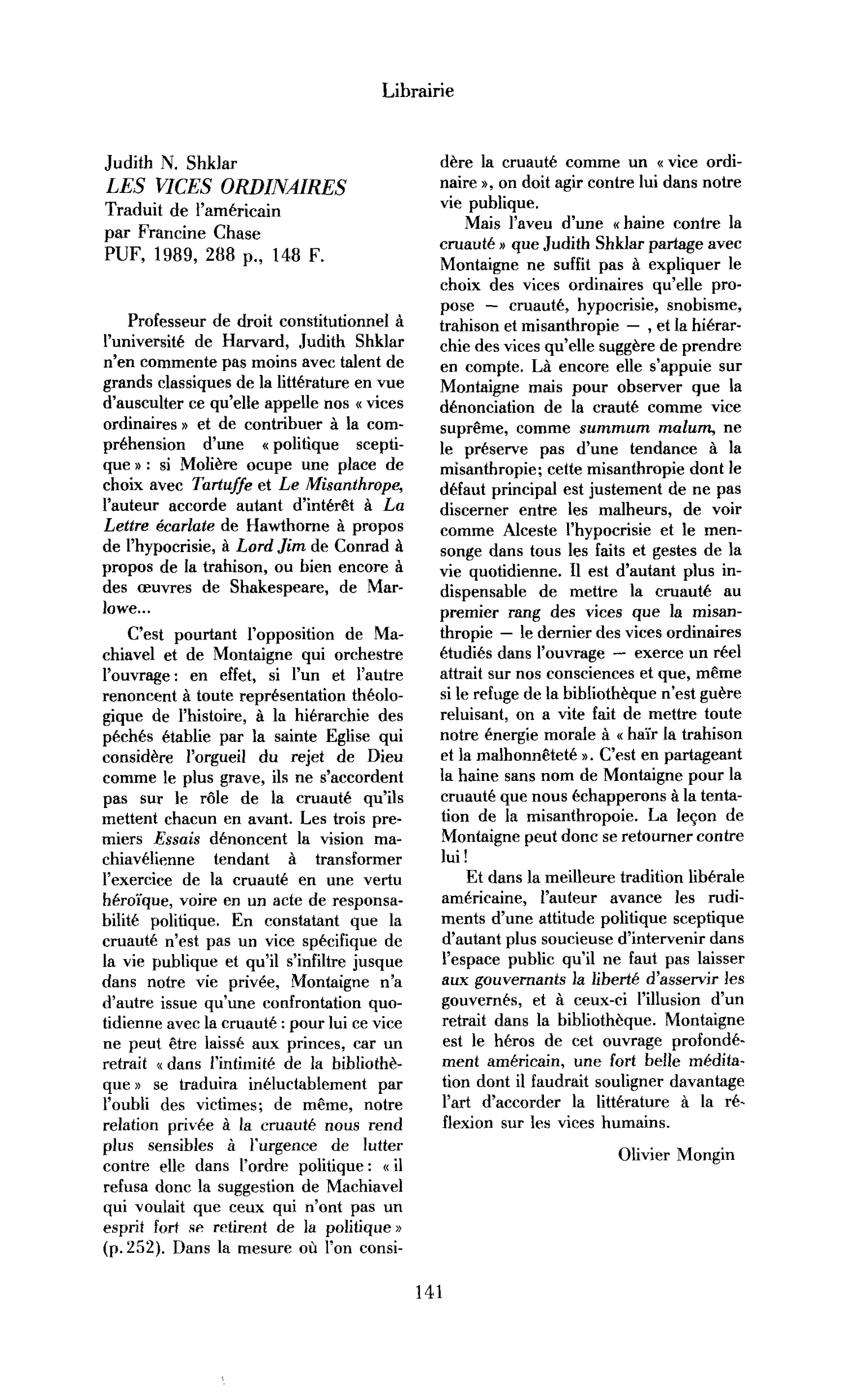 Judith N. Schklar, Les Vices ordinaires