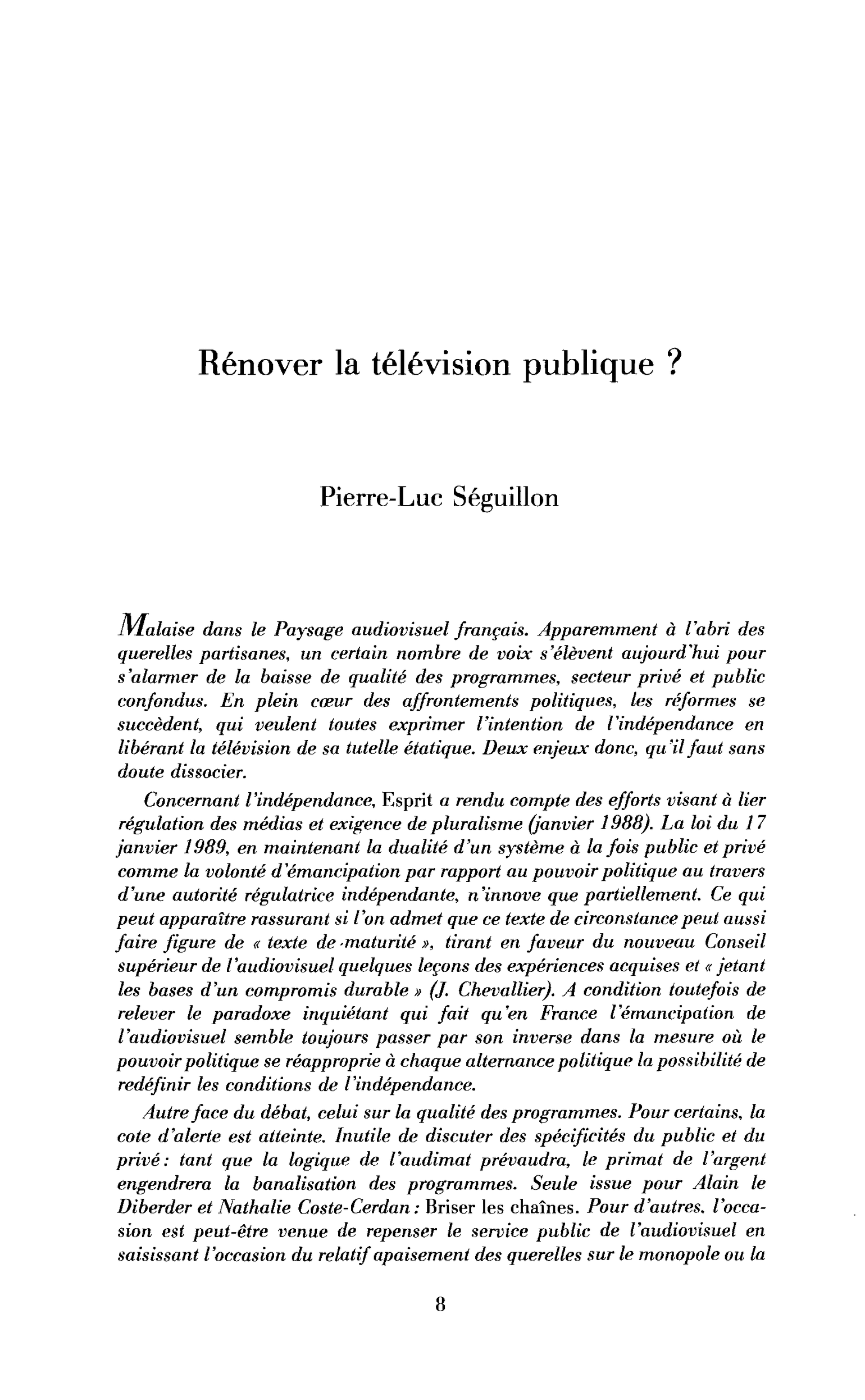 Rénover la télévision publique