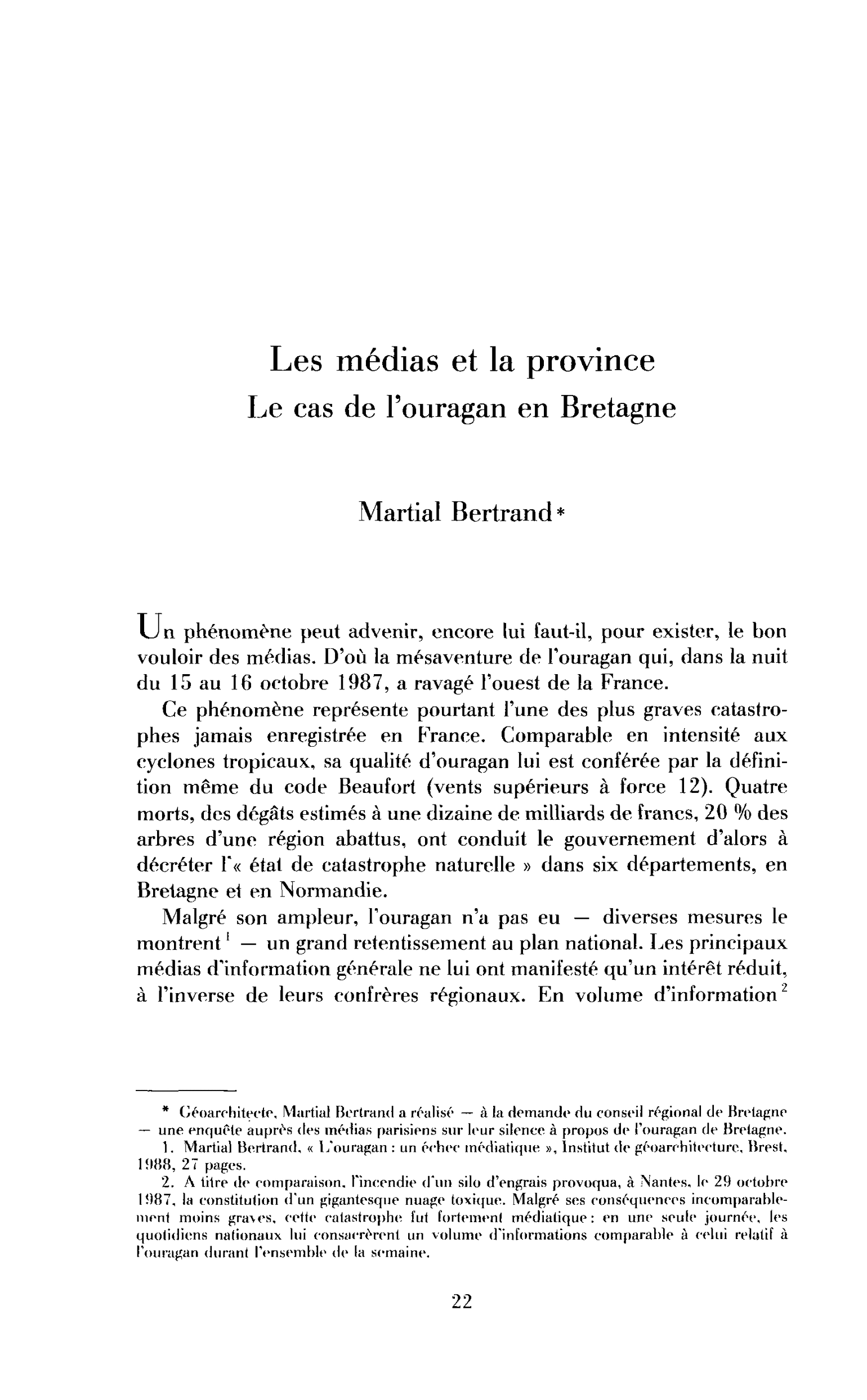 Les médias et la province : le cas de l’ouragan en Bretagne