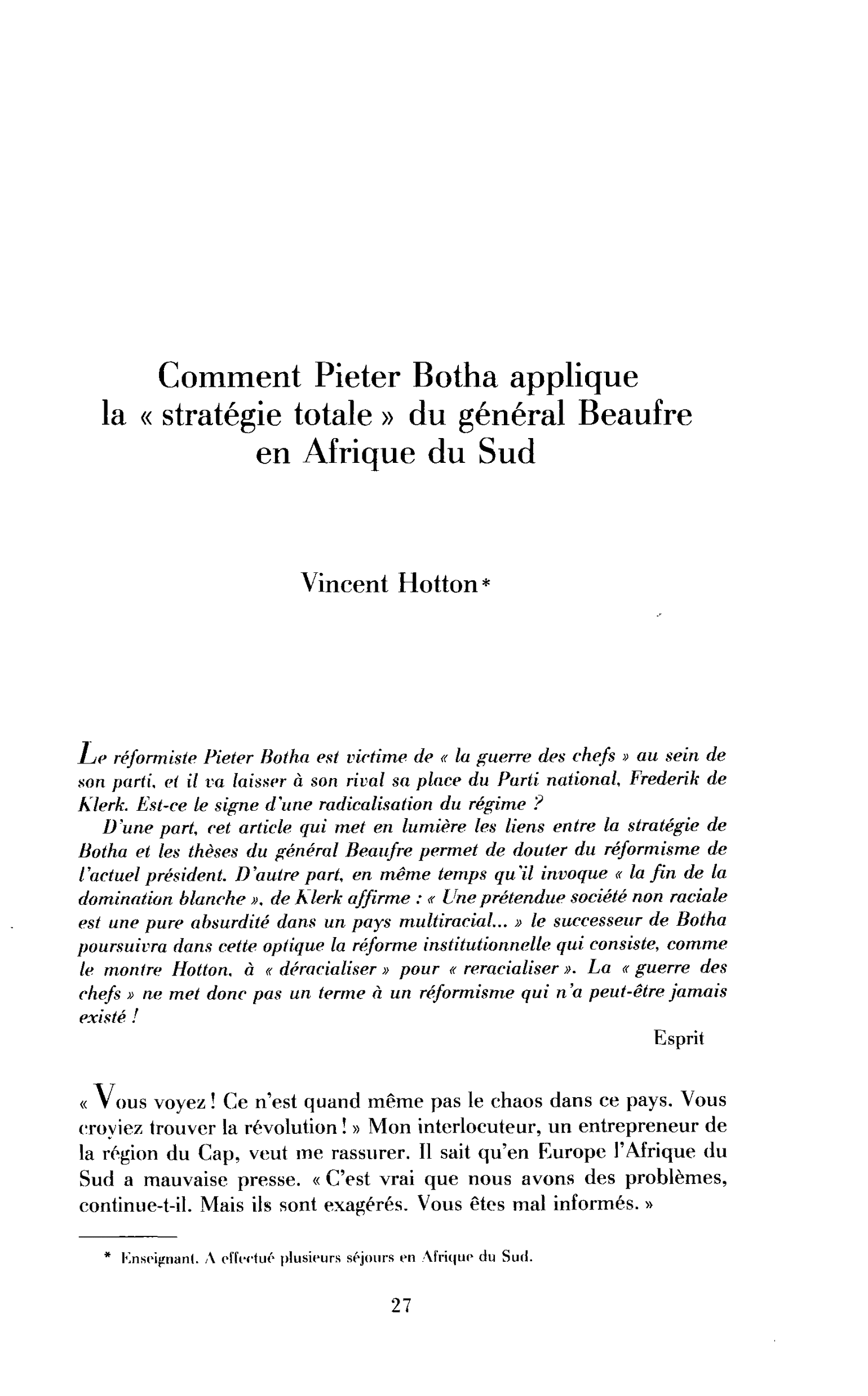 Comment Pieter Botha applique la « stratégie totale » du général Beaufre en Afrique du Sud