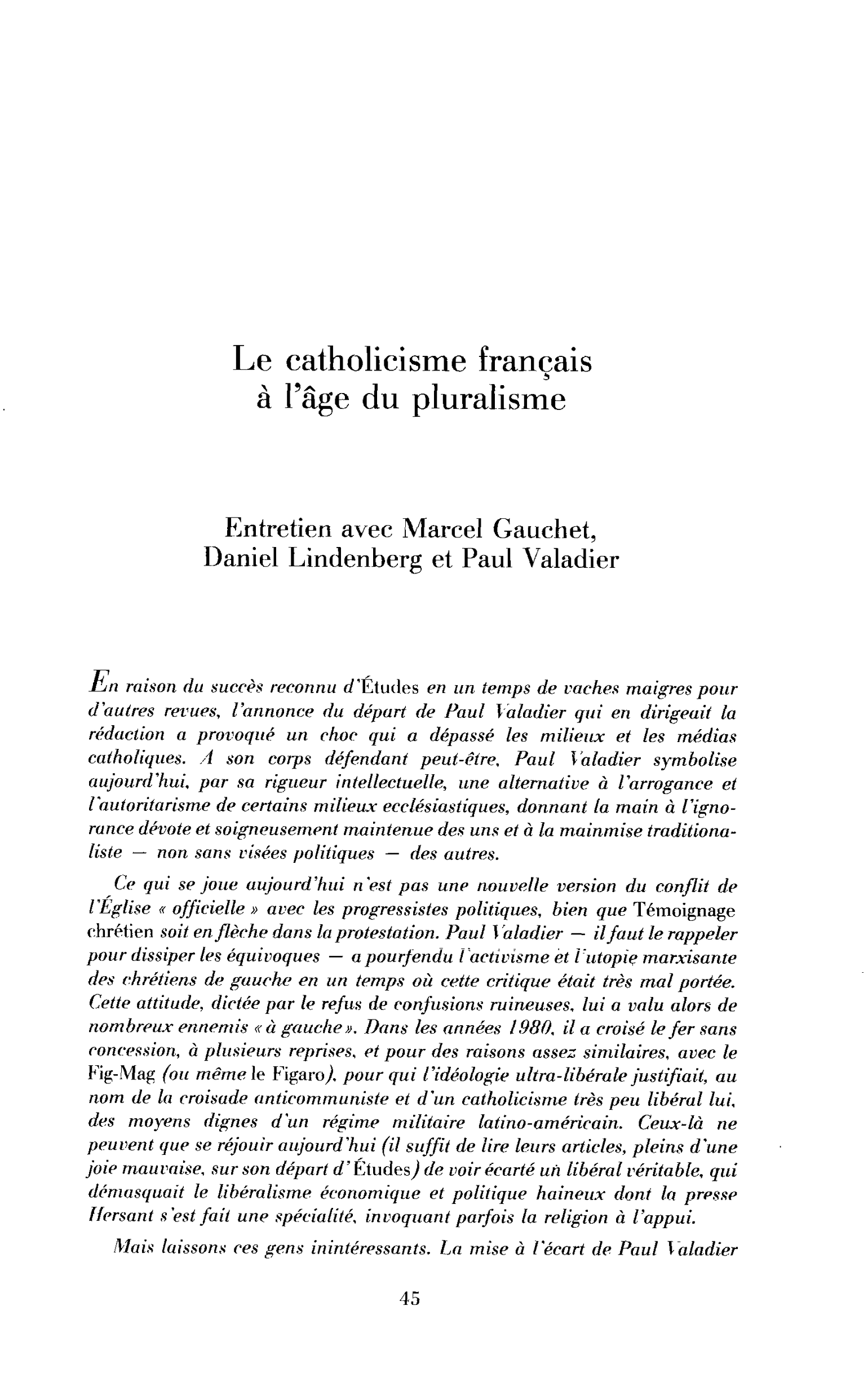 Le catholicisme à l’âge du pluralisme (entretien)