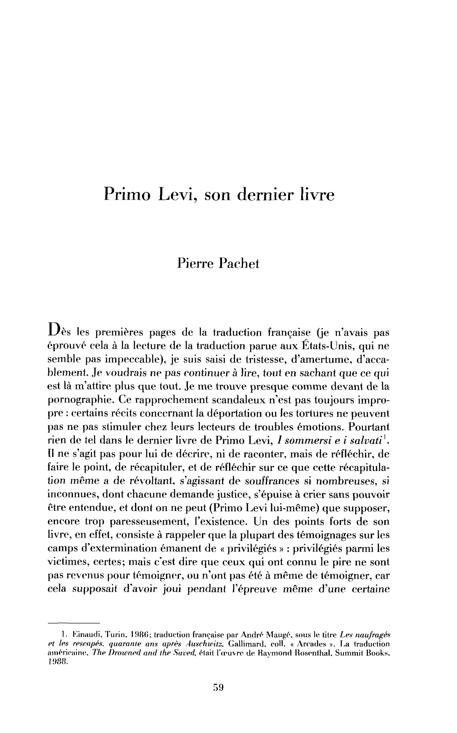 Primo Levi, son dernier livre