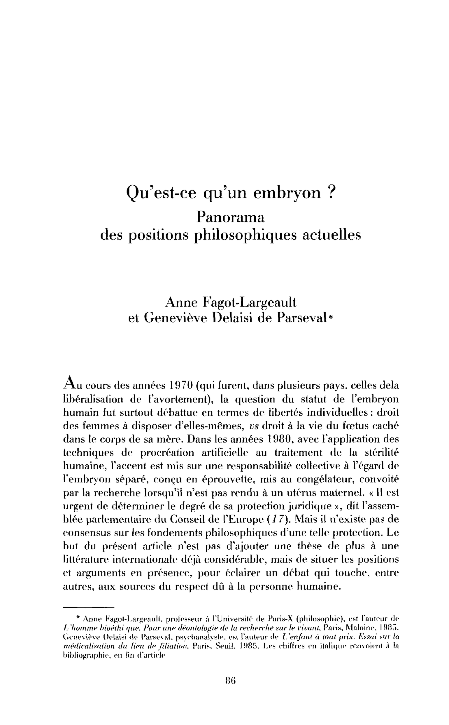 Qu’est-ce qu’un embryon ? Panorama des positions philosophiques actuelles