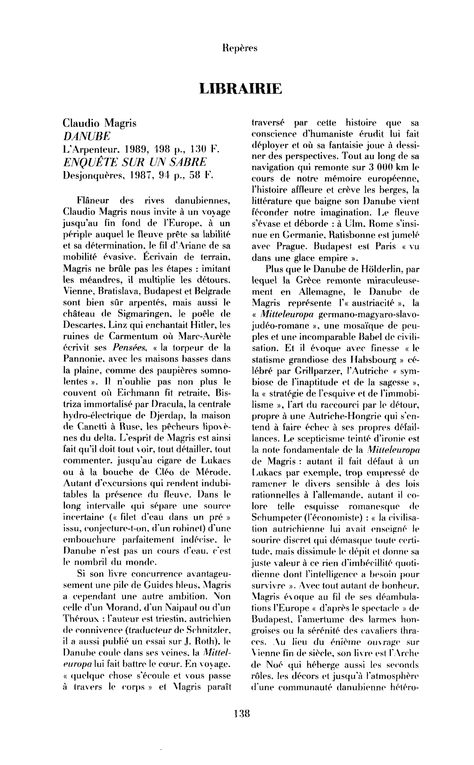 « Claudio Magris, Danube ; Enquête sur un sabre »