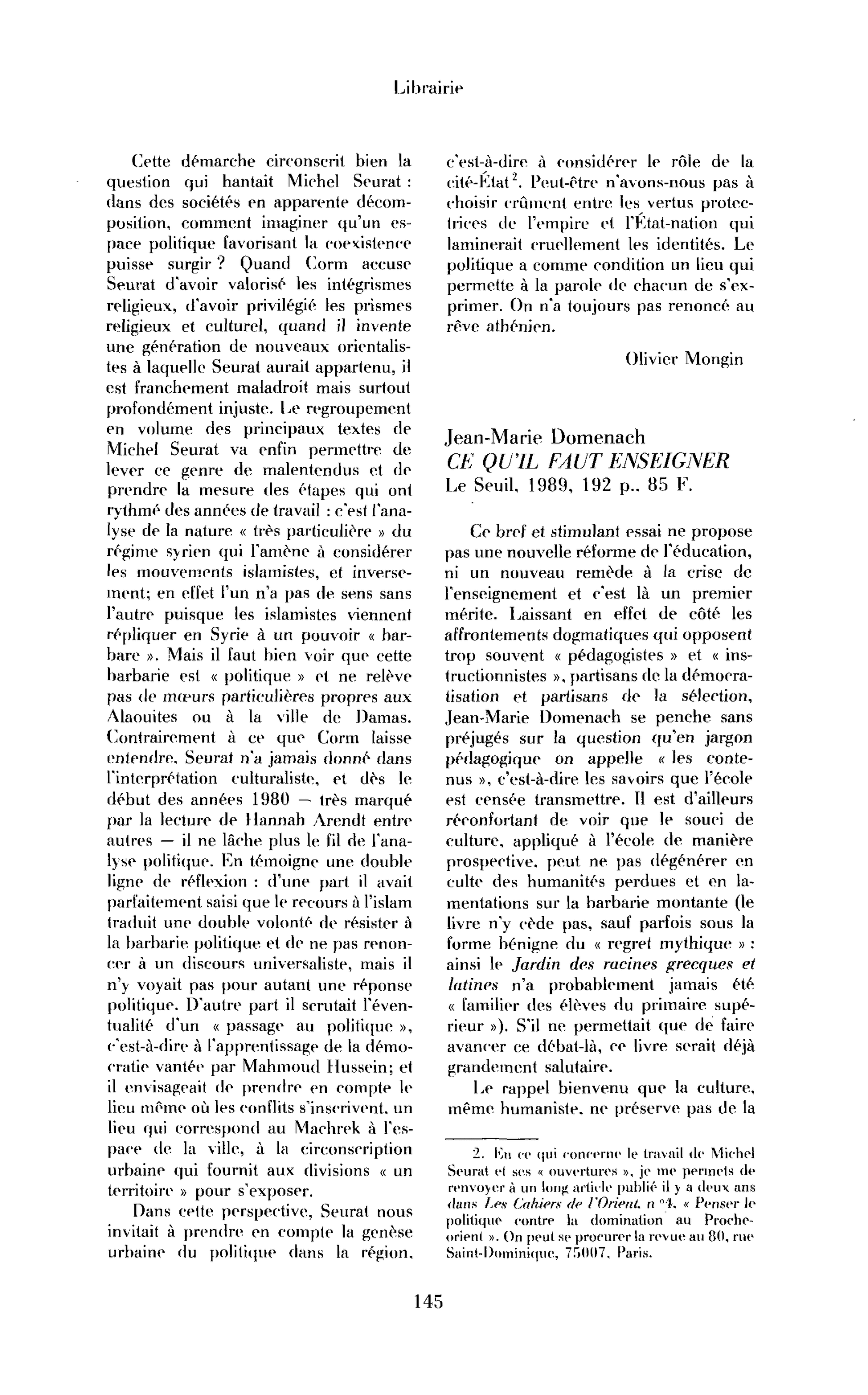 Jean-Marie Domenach, Ce qu’il faut enseigner